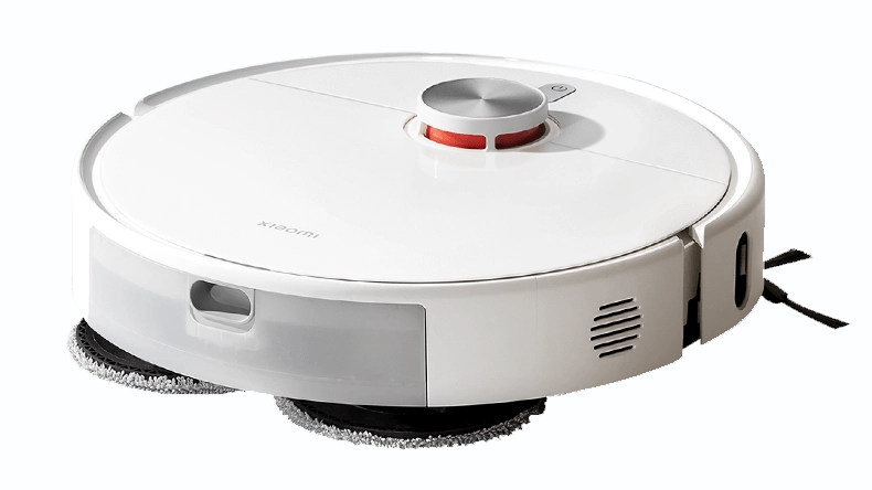 Robot aspirador Xiaomi blanco con torreta LiDAR y mopas, vista lateral sobre fondo blanco.
