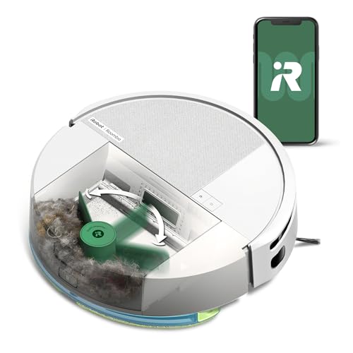 Robot aspirador Roomba blanco con app iRobot en smartphone mostrando conectividad inteligente