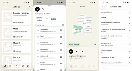 Capturas de la app del robot aspirador mostrando mapas, rutinas de limpieza y ajustes del dispositivo