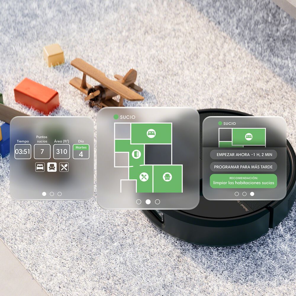 Robot aspirador iRobot Roomba limpiando alfombra con interfaz de app mostrando mapa de suciedad y estadísticas de limpieza