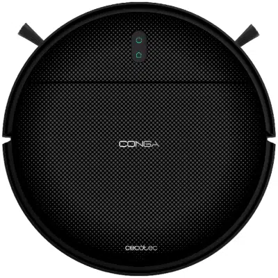 Vista superior de un robot aspirador Cecotec Conga circular y negro con botones de control iluminados en verde