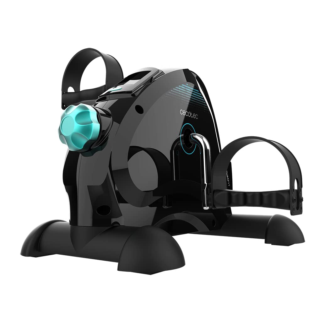 Pedales estáticos compactos Cecotec DrumFit Cycle Compact negros con perilla de resistencia turquesa y pantalla LCD.