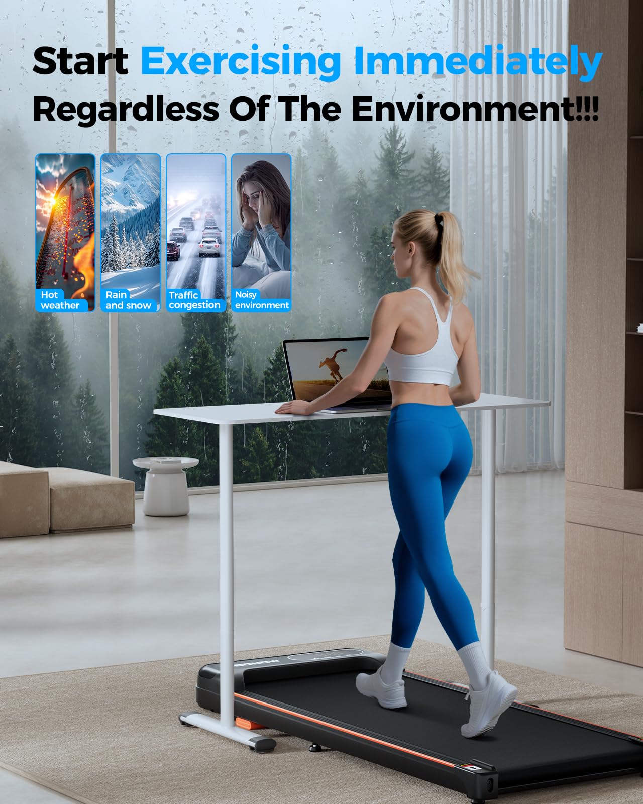 Woman walking on a black under-desk treadmill with a standing desk and laptop in a modern home office.