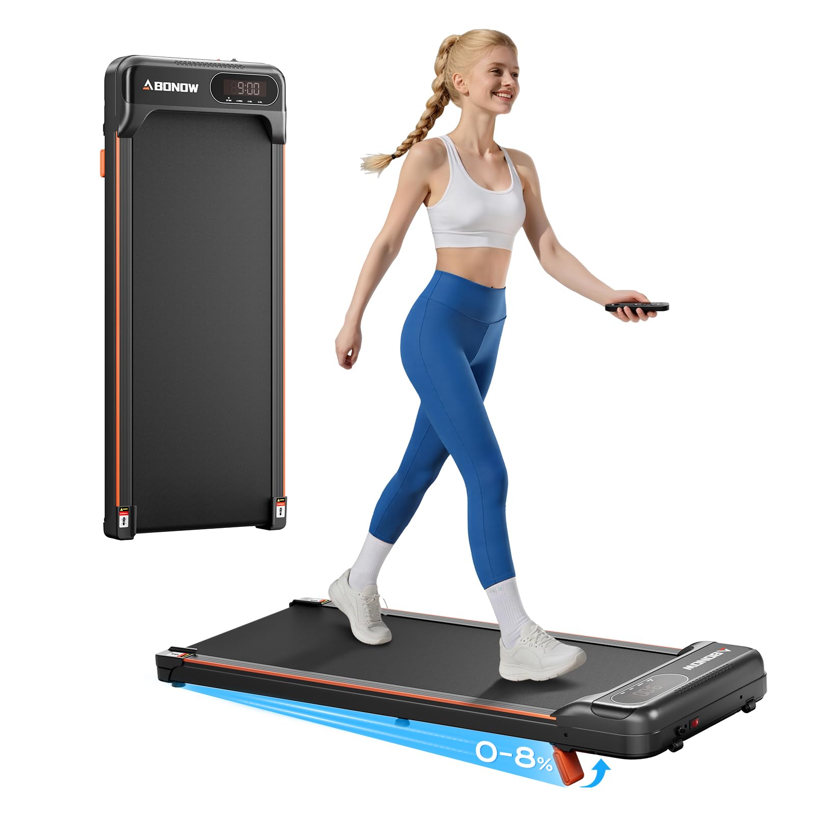 Cinta de correr portátil ABONOW con inclinación ajustable 0-8% y pantalla LED, mujer caminando encima.