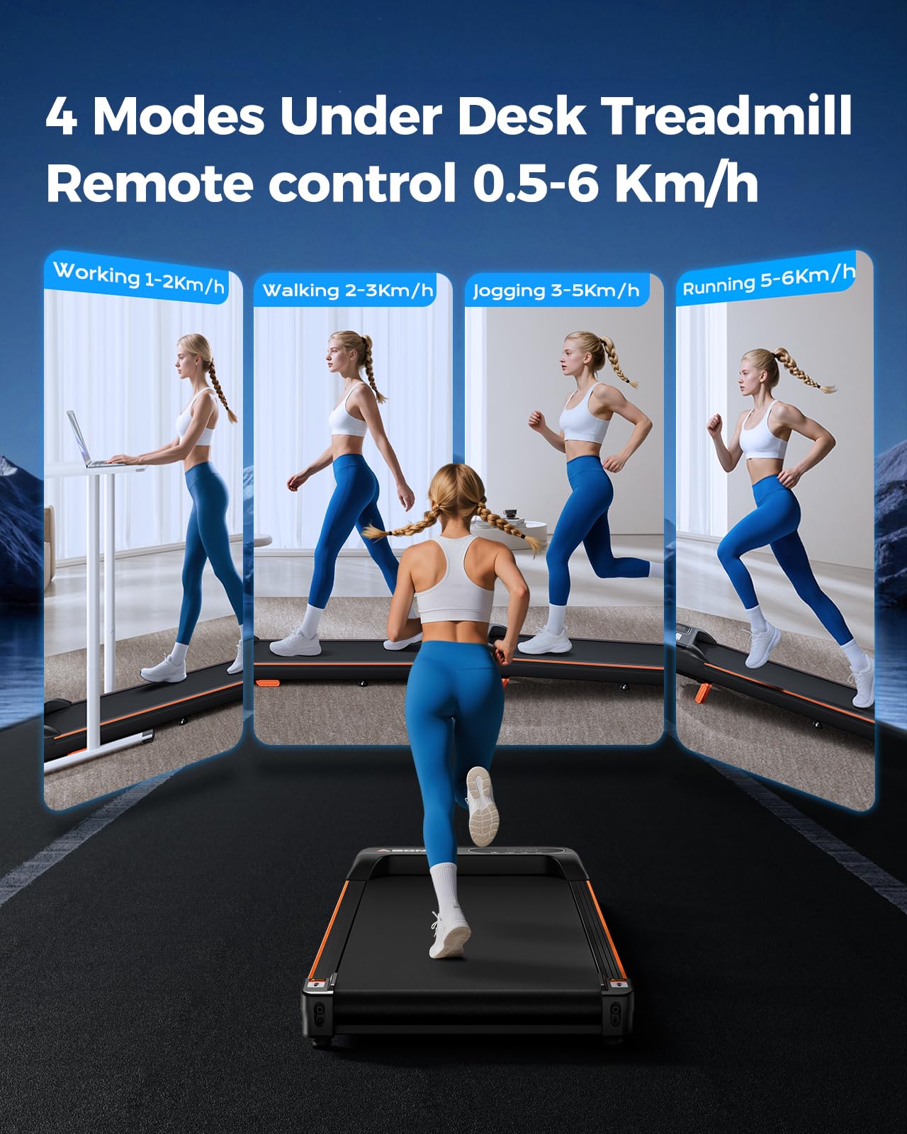 Cinta de correr bajo escritorio con 4 modos de velocidad y control remoto para uso en hogar y oficina.
