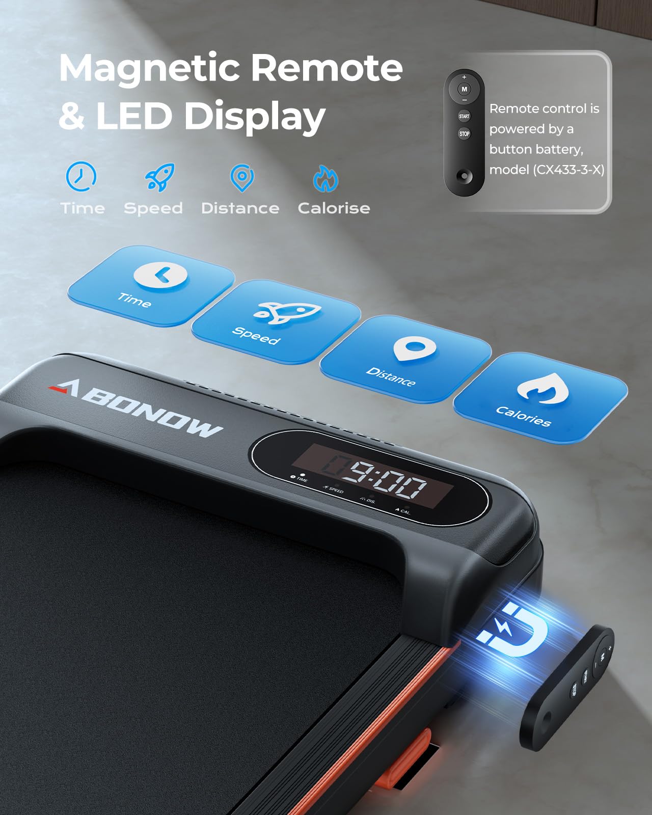 Walking pad BONDOW con pantalla LED, control remoto magnético y métricas de tiempo, velocidad, distancia y calorías.