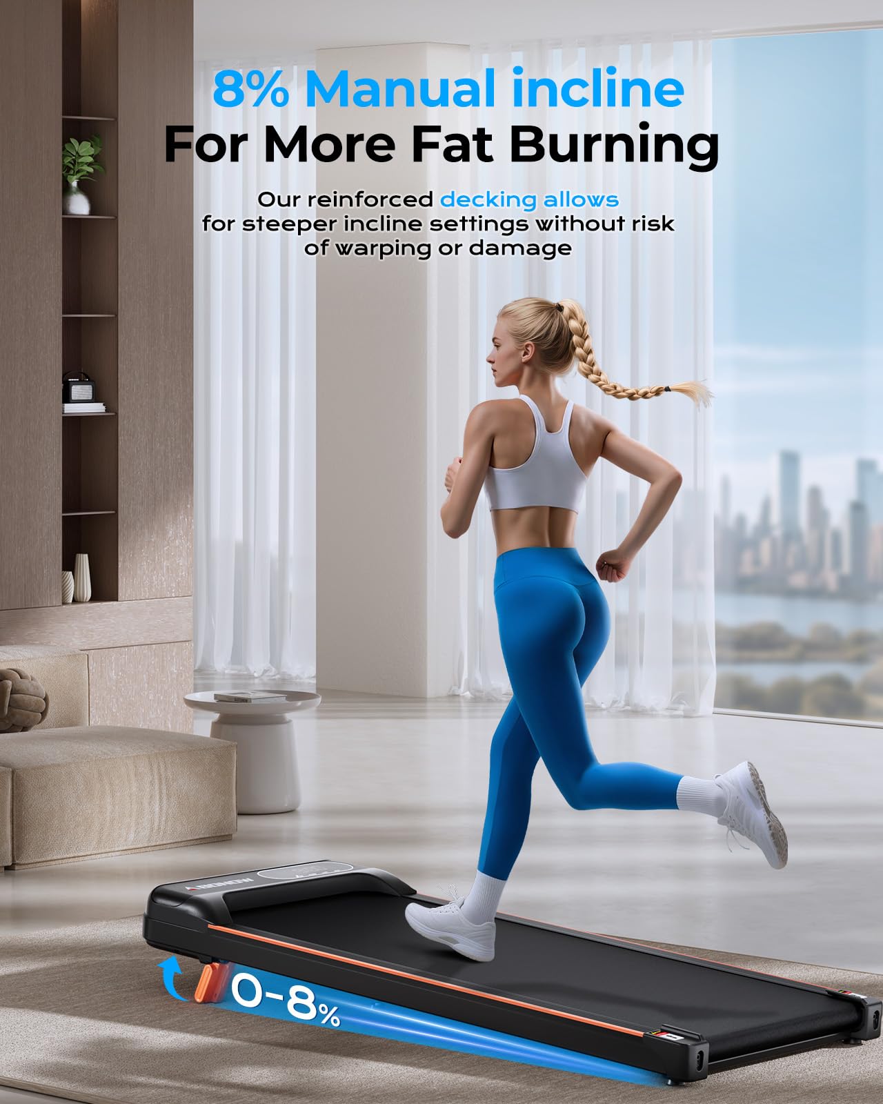 Woman running on a black portable walking pad treadmill with 8% manual incline in a modern home living room.