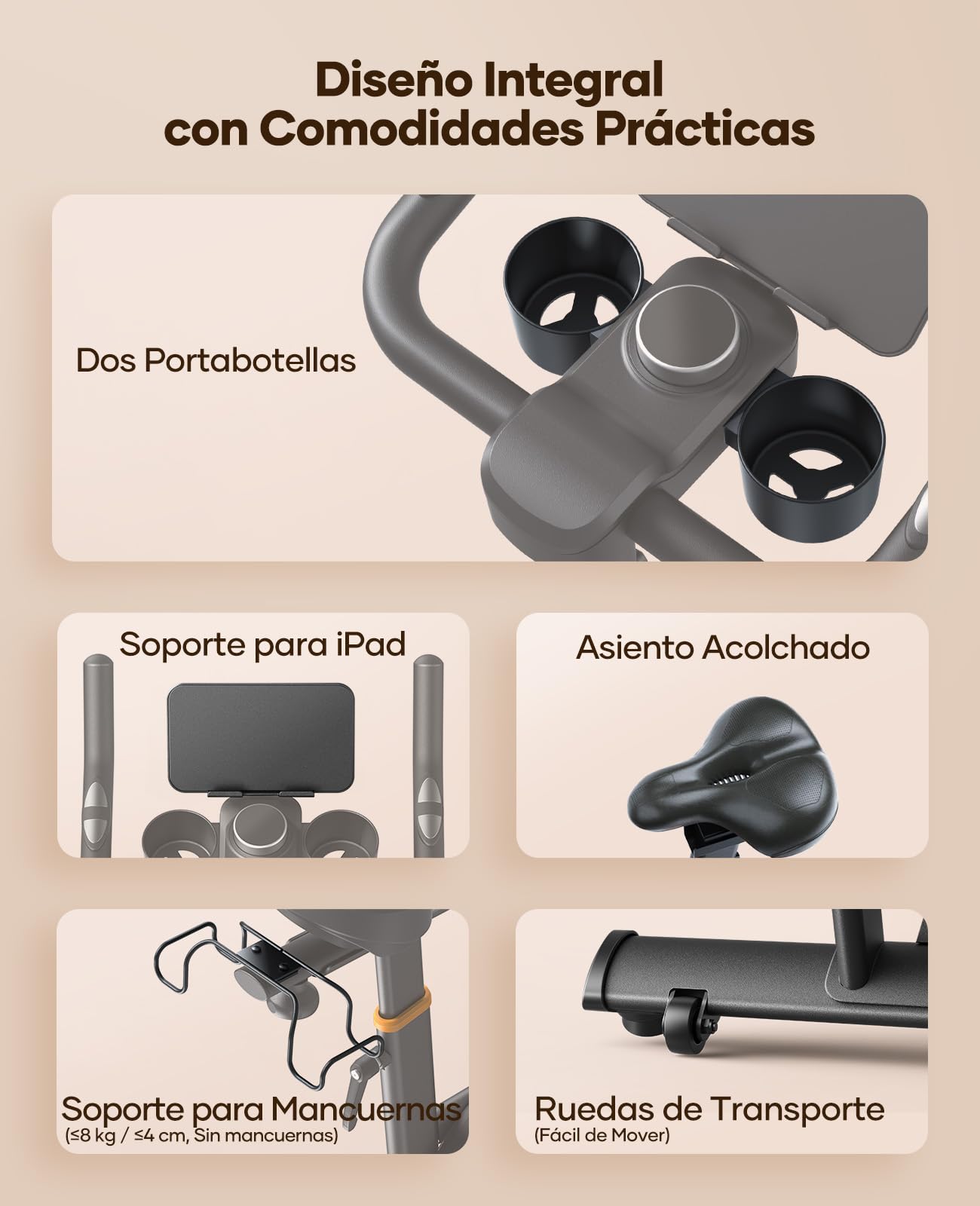 Infografía de bicicleta estática Toputure con portabotellas, soporte para tablet, asiento acolchado, porta mancuernas y ruedas de transporte