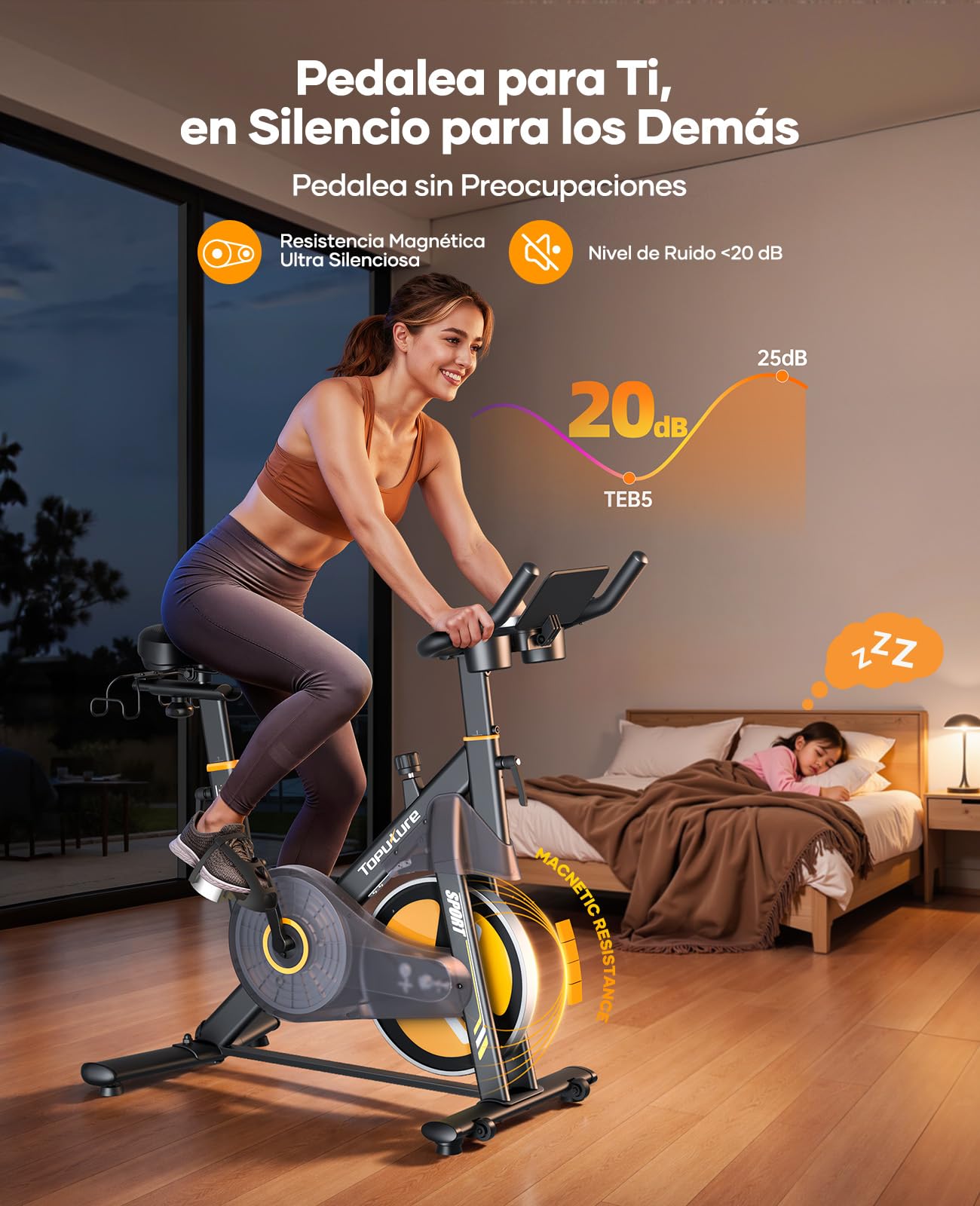 Mujer usando bicicleta estática Toputure silenciosa mientras niña duerme en habitación