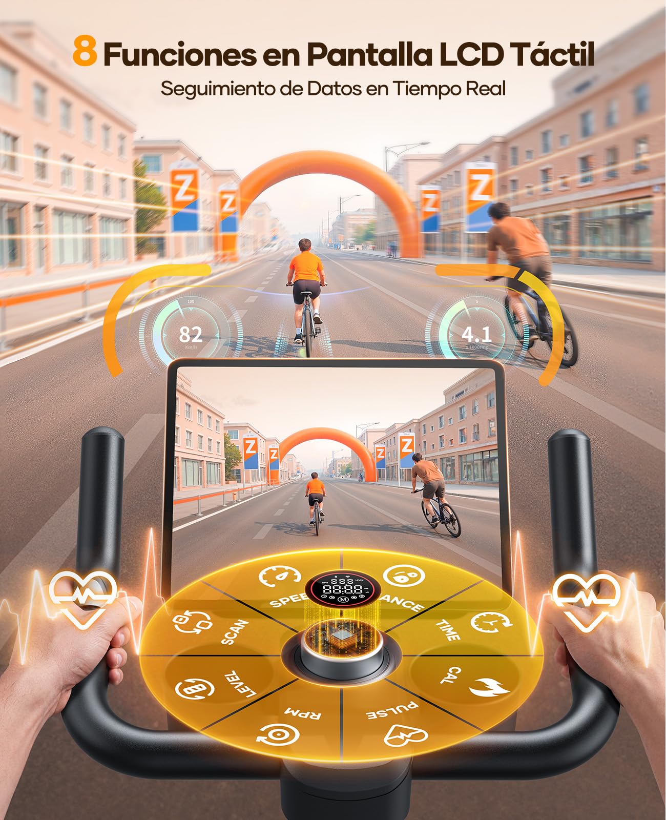 Bicicleta estática Toputure con pantalla LCD táctil de 8 funciones y soporte para tablet mostrando app Zwift