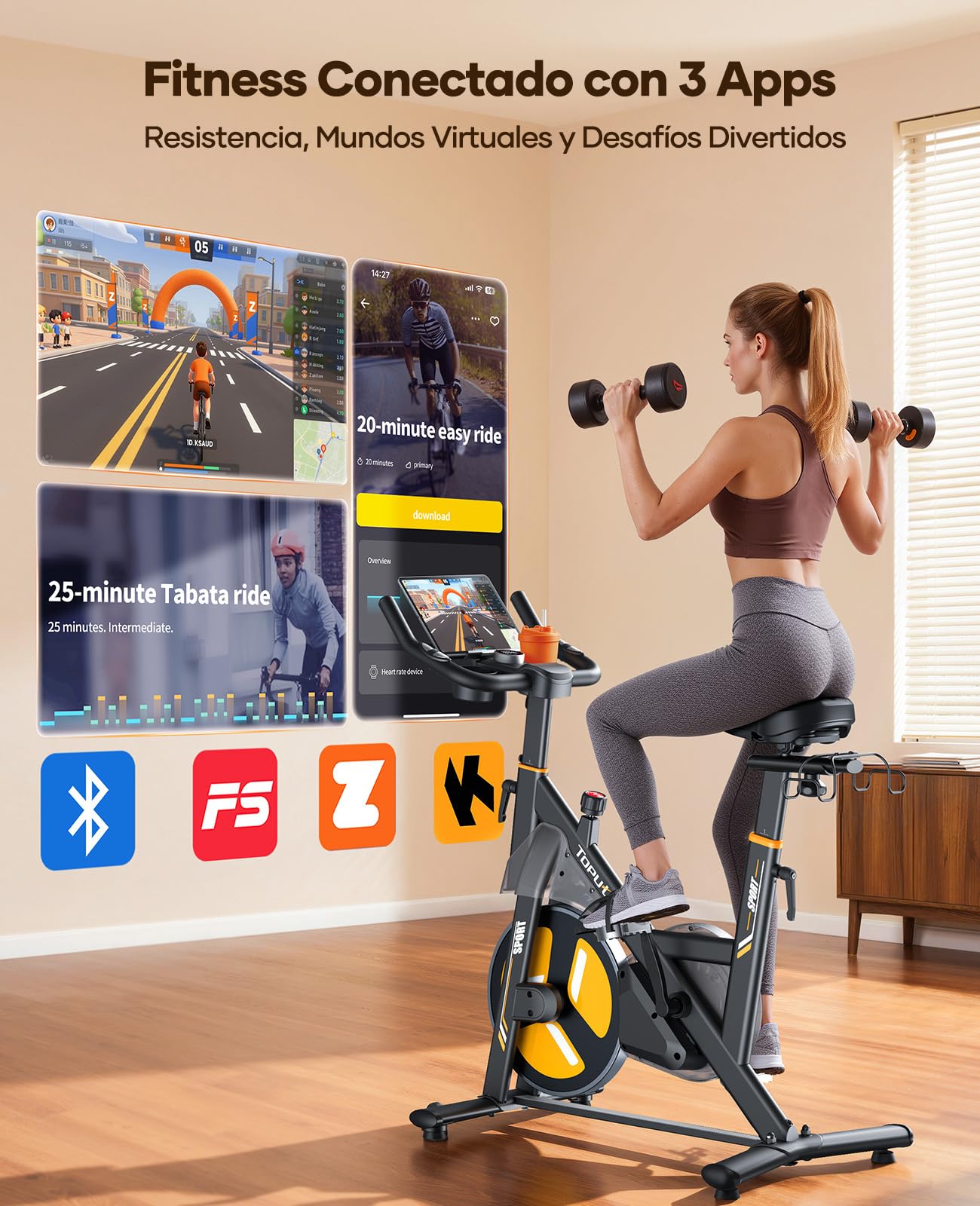 Bicicleta estática Toputure negra y amarilla con mujer entrenando, compatible con apps Zwift, Fitshow y Kinomap