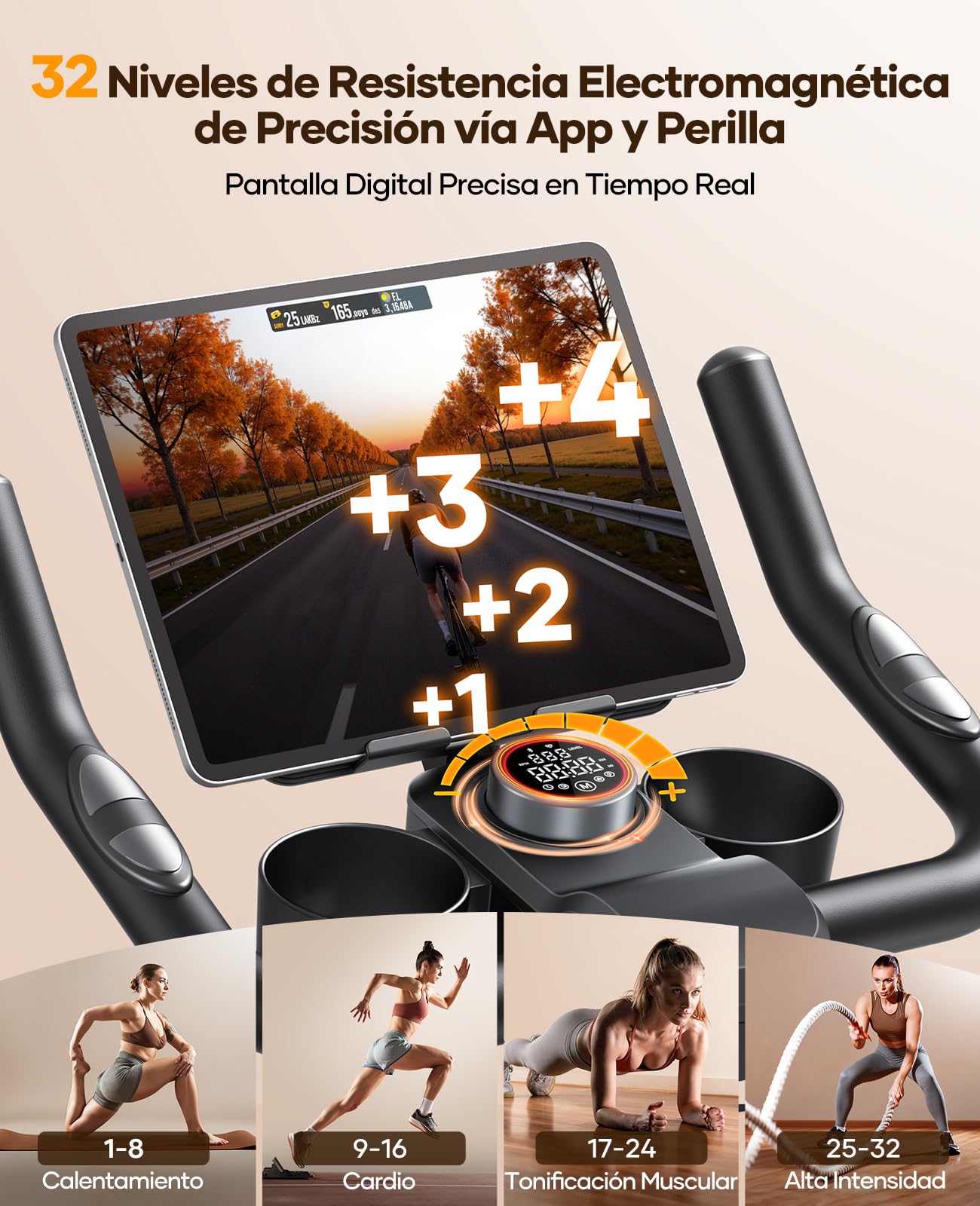 Detalle de consola y manillar de bicicleta estática Toputure con pantalla táctil y 32 niveles de resistencia electromagnética
