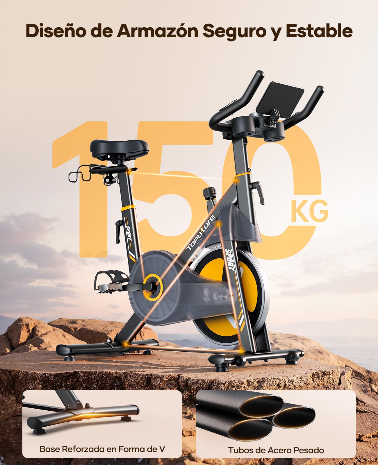 Bicicleta estática spinning TOPUTURE negra y amarilla con capacidad de 150KG y estructura de acero reforzado