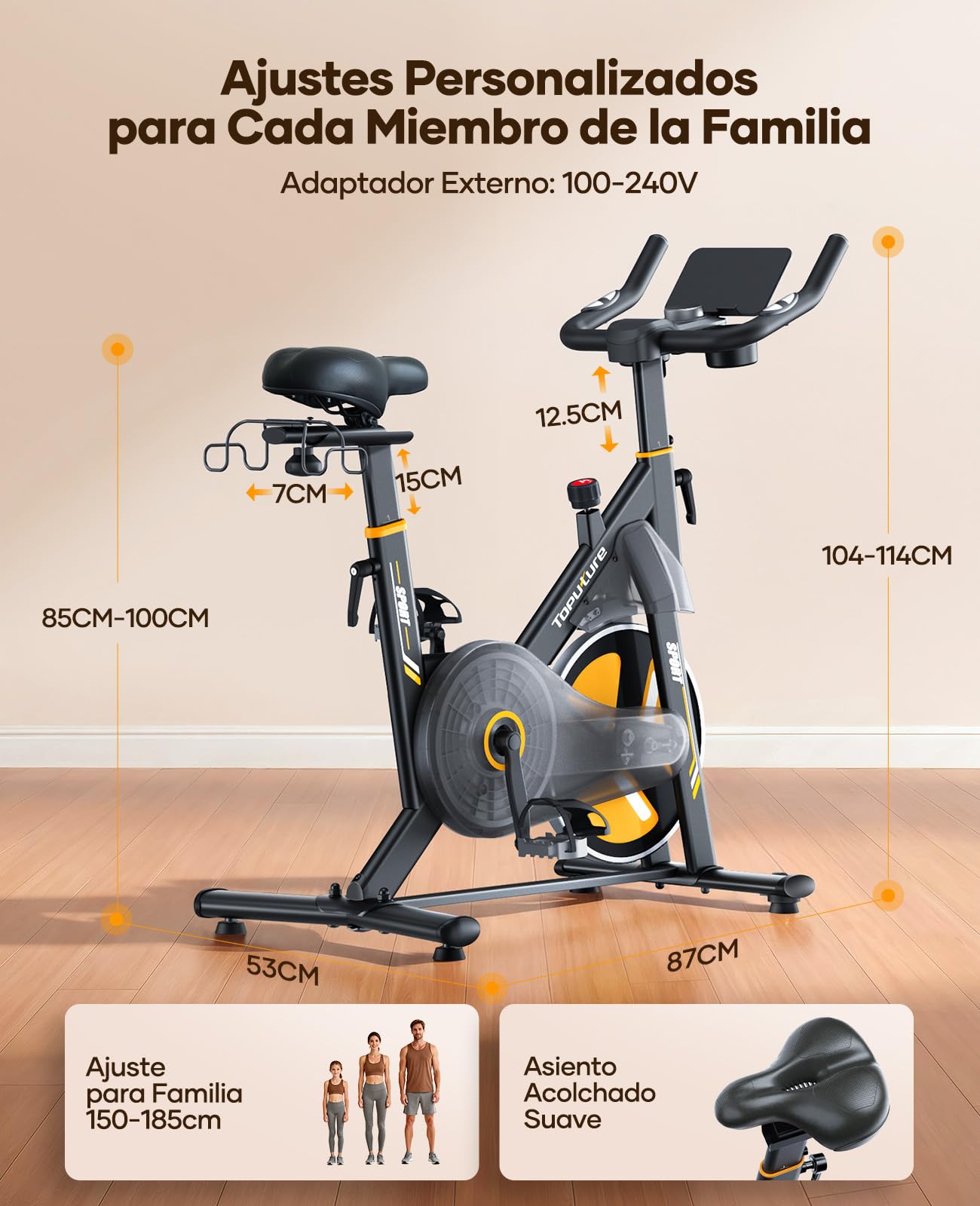 Bicicleta estática de spinning Toputure con medidas ajustables, resistencia electromagnética y soporte para tablet