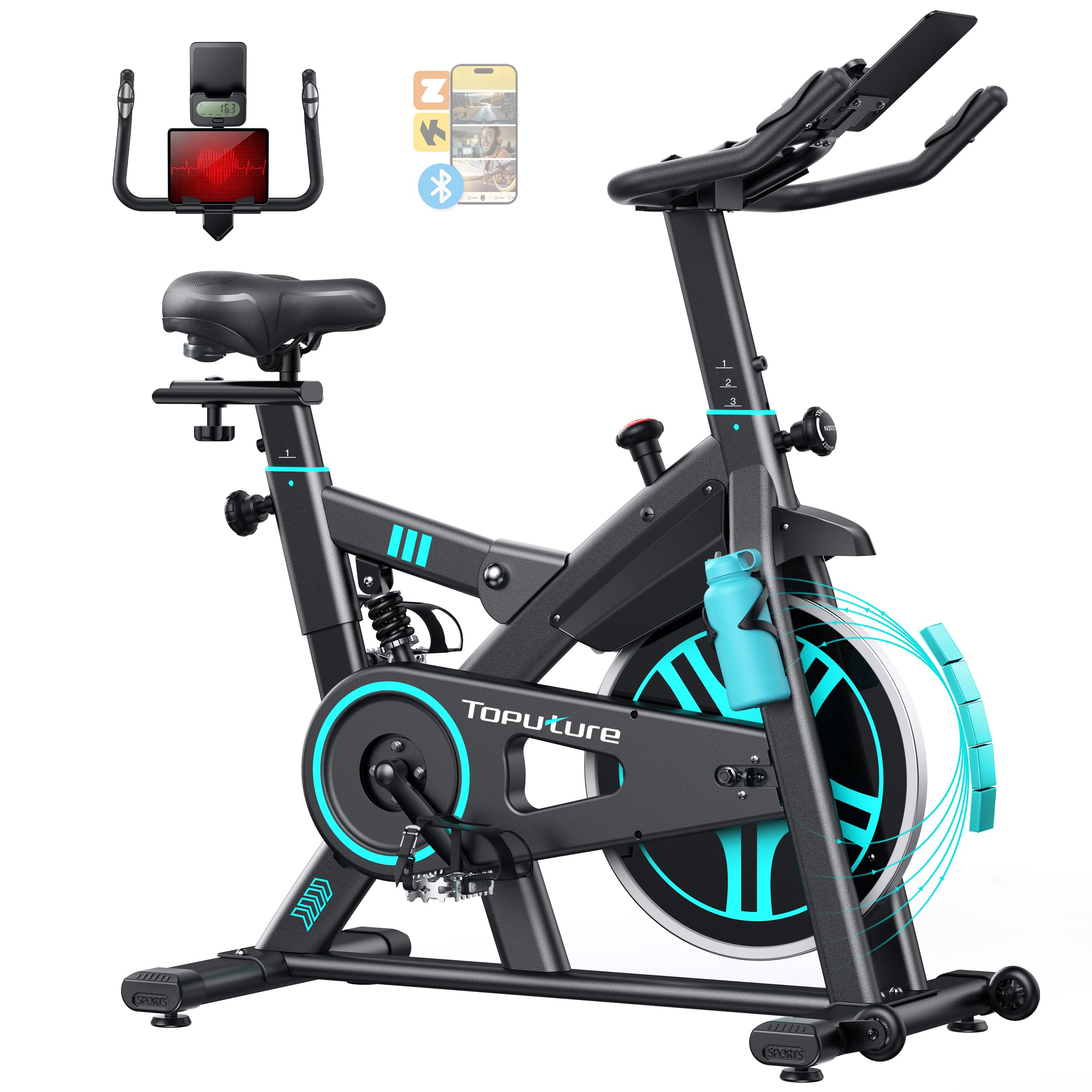 Bicicleta estática Toputure con conectividad Bluetooth, Zwift, Kinomap, pulsómetro, soporte tablet y portabotellas