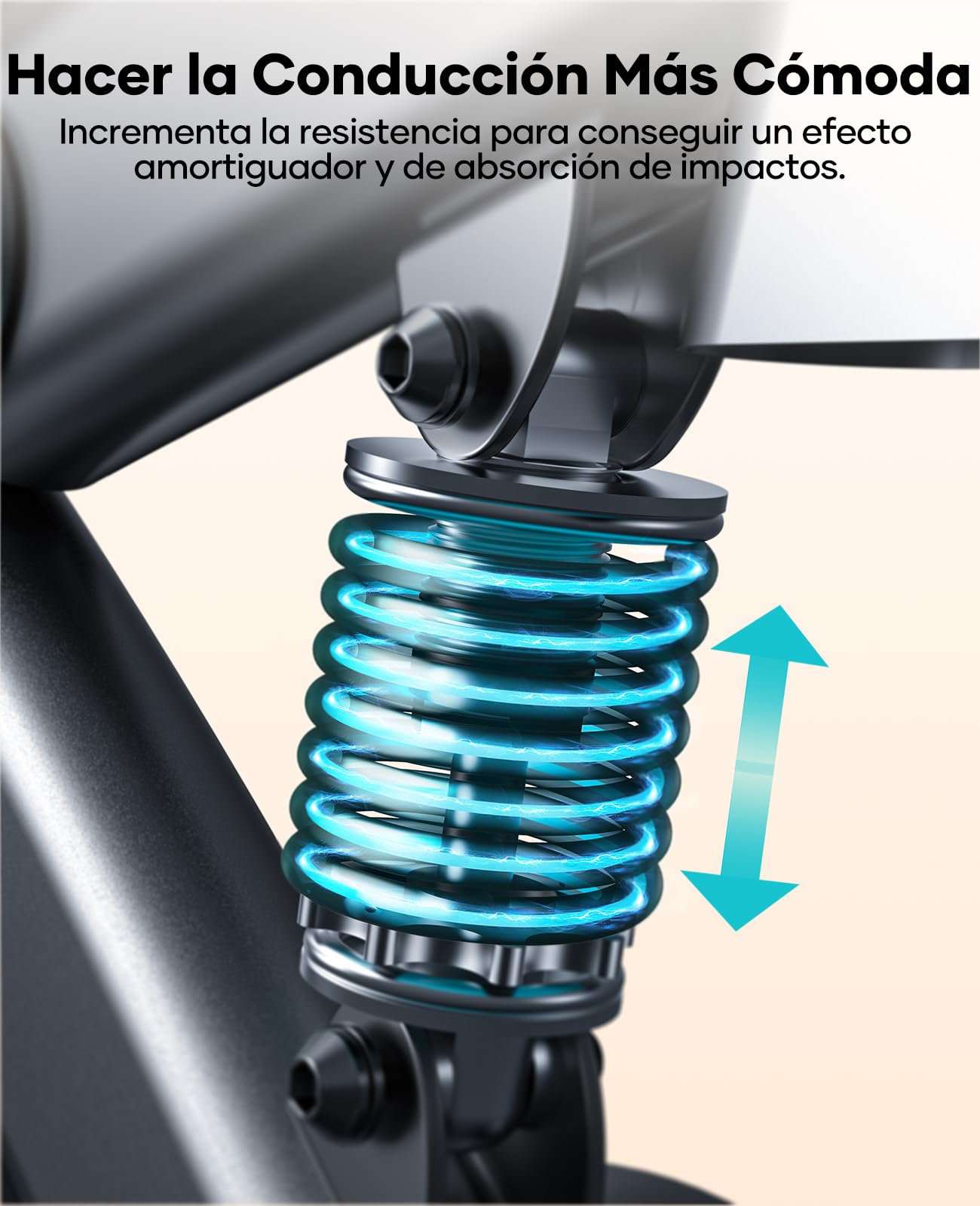 Detalle del muelle de amortiguación de bicicleta estática con efecto luminoso cian