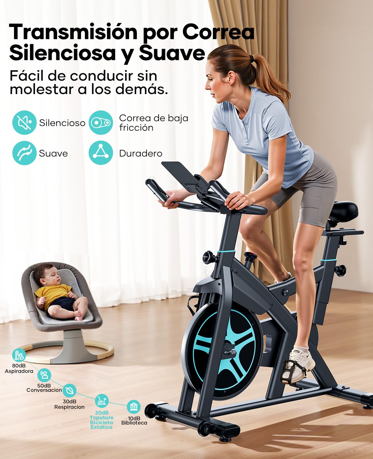 Mujer ejercitándose en bicicleta estática silenciosa Toputure con bebé durmiendo cerca, ideal para uso doméstico