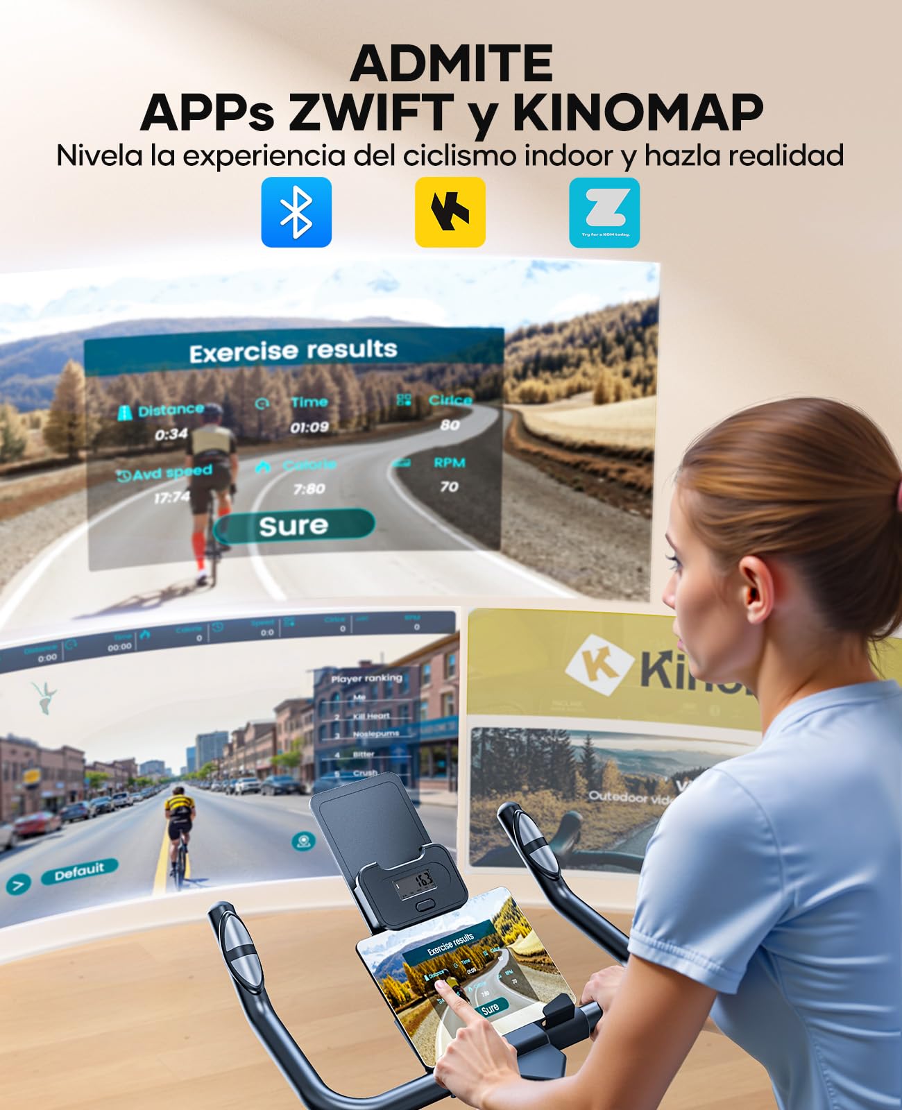 Mujer usando bicicleta estática Toputure con soporte para tablet y apps Zwift y Kinomap vía Bluetooth