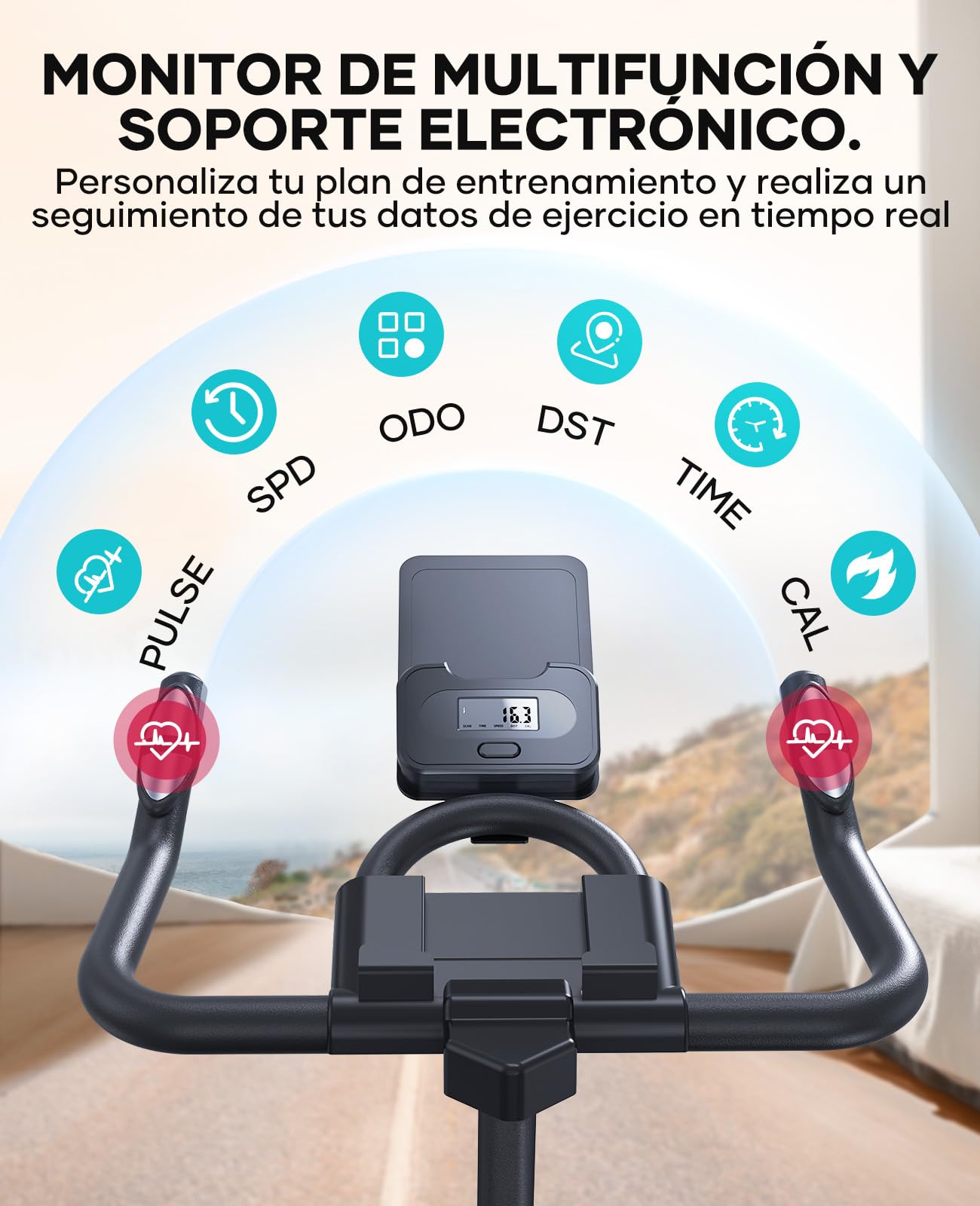 Monitor multifunción y manillar con pulsómetro de bicicleta estática Toputure con soporte para tableta.