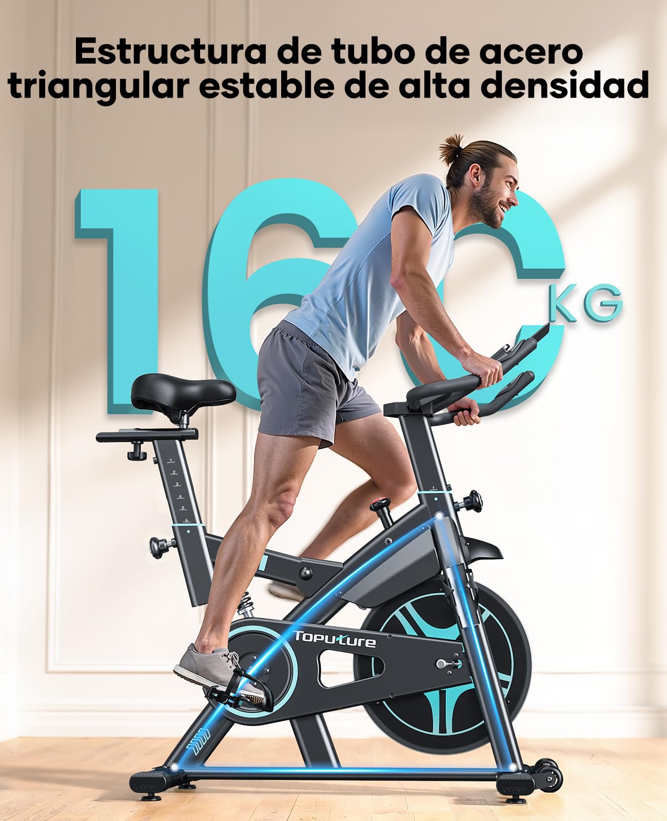 Hombre entrenando en bicicleta estática Toputure negra y cian con capacidad de 160KG en estilo de vida