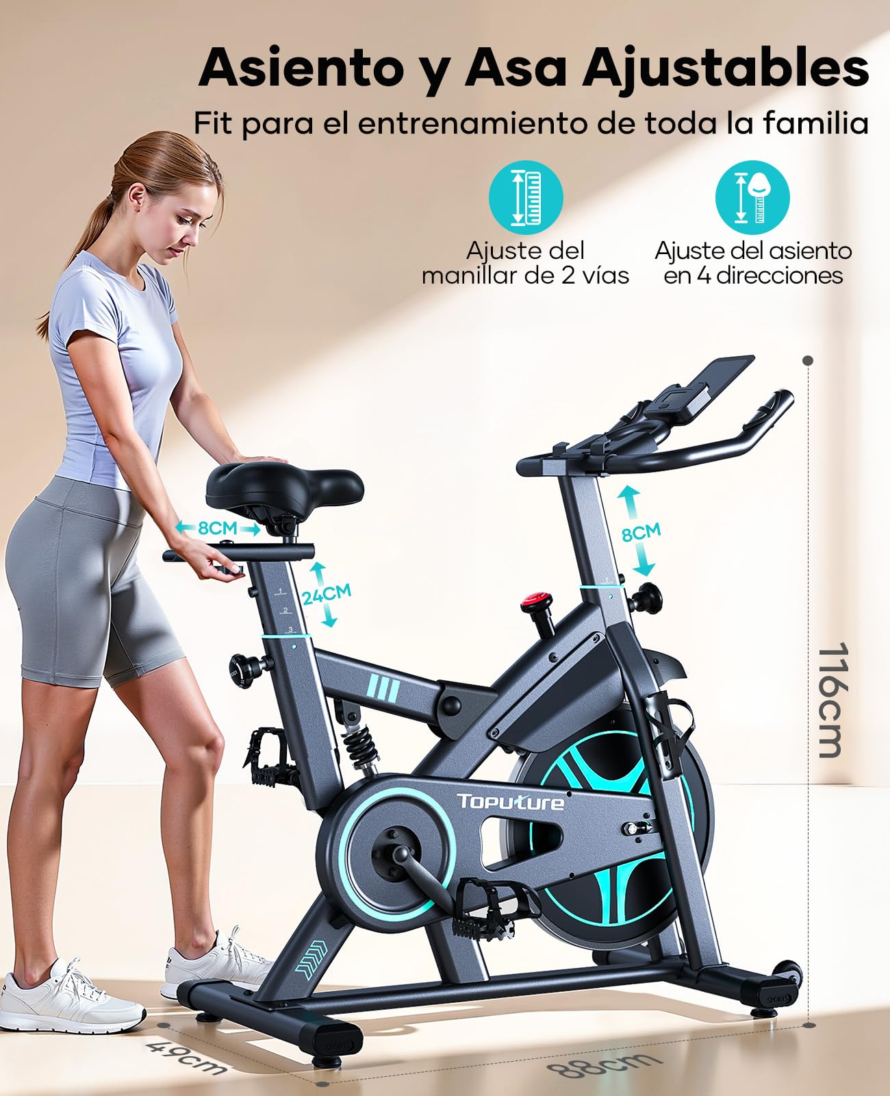 Bicicleta estática Toputure con ajustes multidireccionales de asiento y manillar, mostrada con mujer ajustando el sillín