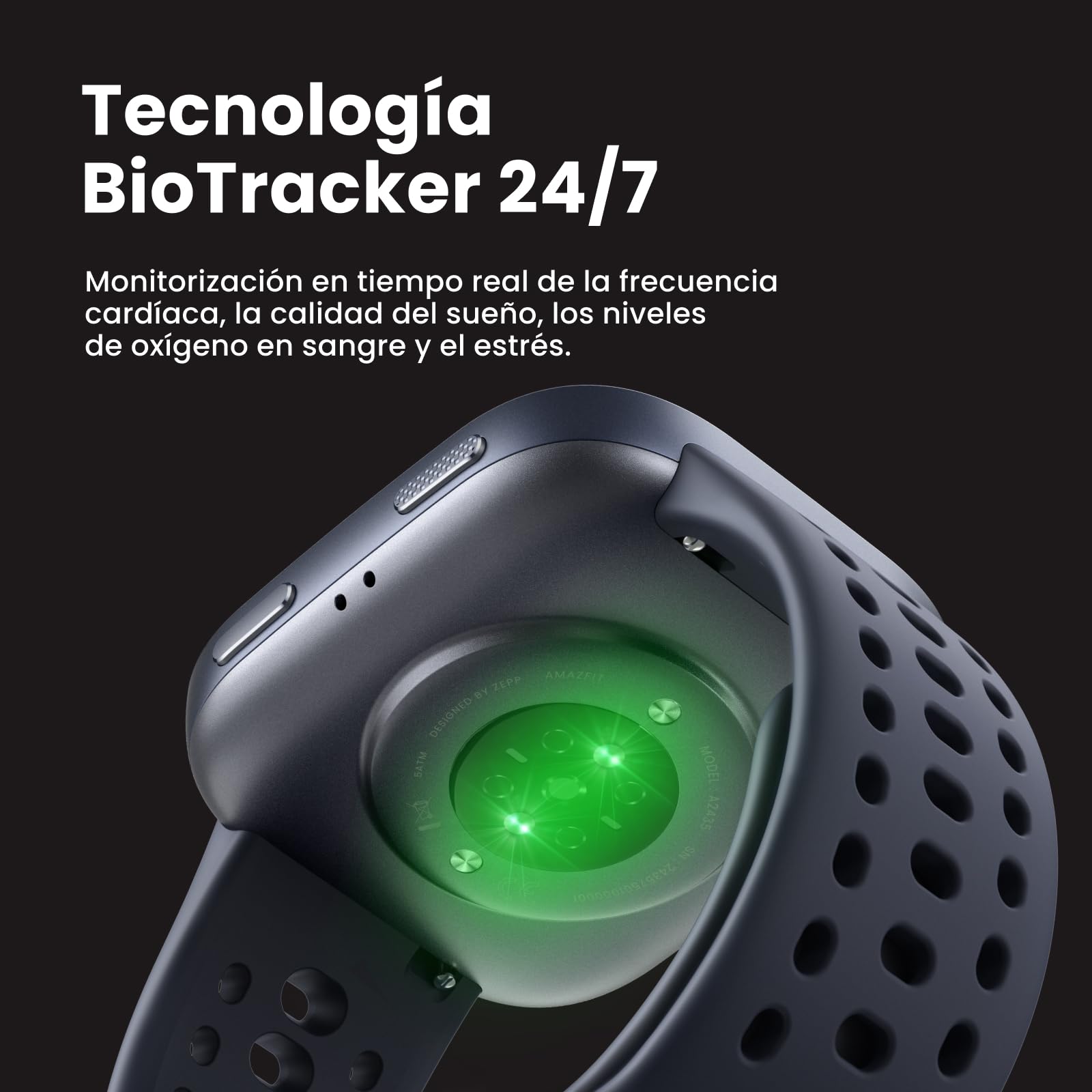 Amazfit Bip 6 smartwatch negro con sensor BioTracker 24/7 iluminado en verde para monitorización de salud.
