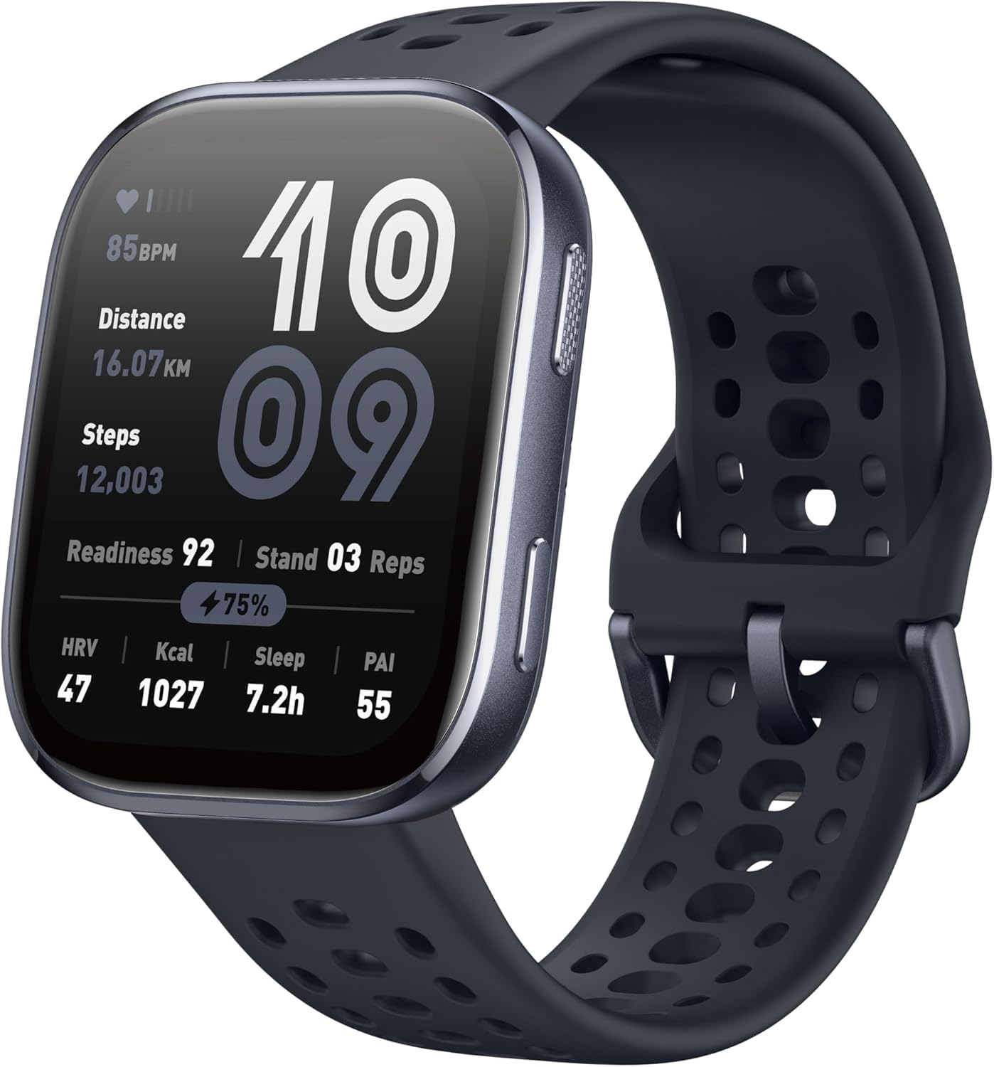 Amazfit Bip 6 smartwatch negro con pantalla AMOLED 1,97 pulgadas mostrando métricas de salud y actividad deportiva