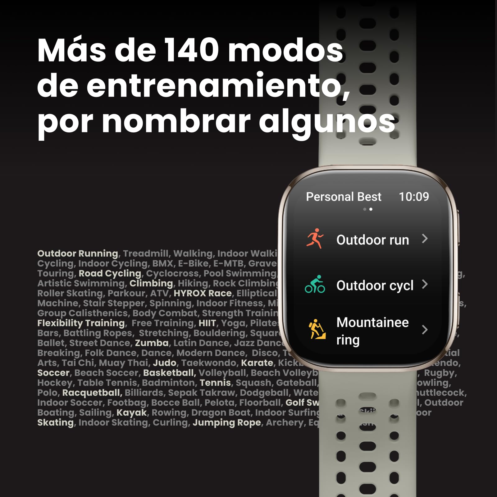Smartwatch Amazfit Bip 6 con pantalla AMOLED mostrando más de 140 modos de entrenamiento sobre fondo negro.
