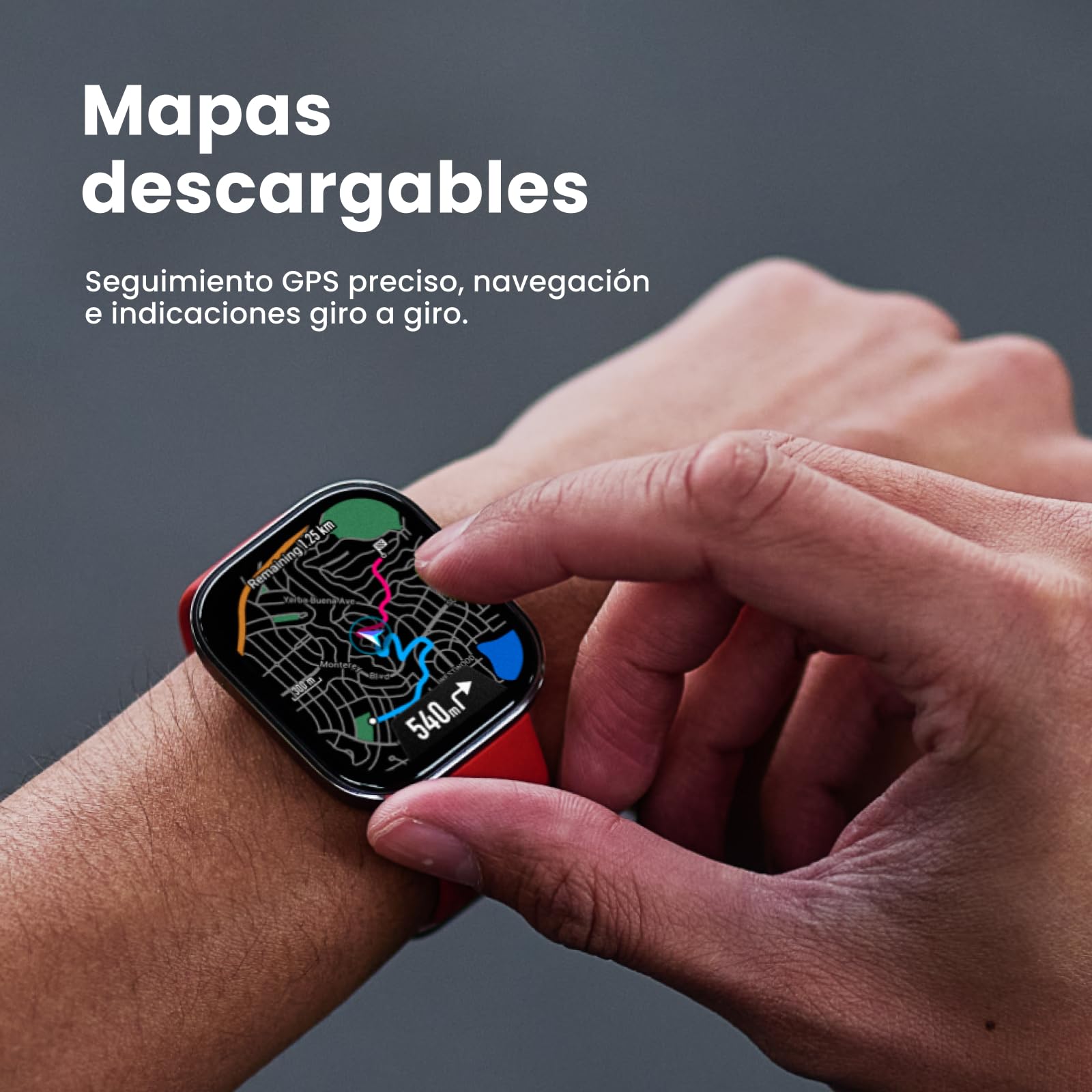 Amazfit Bip 6 smartwatch mostrando navegación GPS con mapas descargables en la pantalla AMOLED.