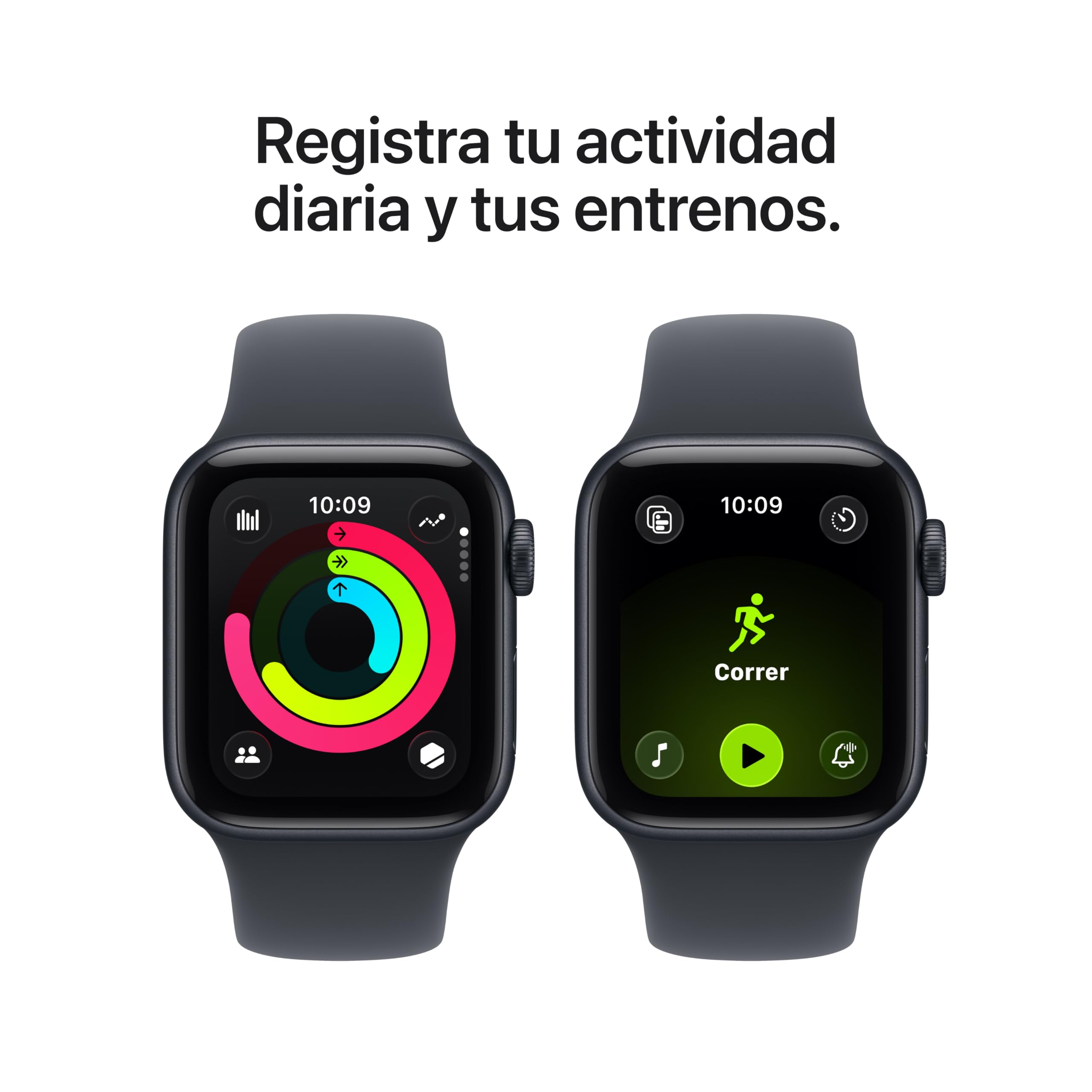 Apple Watch SE 3 GPS 40mm medianoche con anillos de actividad y pantalla de entrenamiento de correr.
