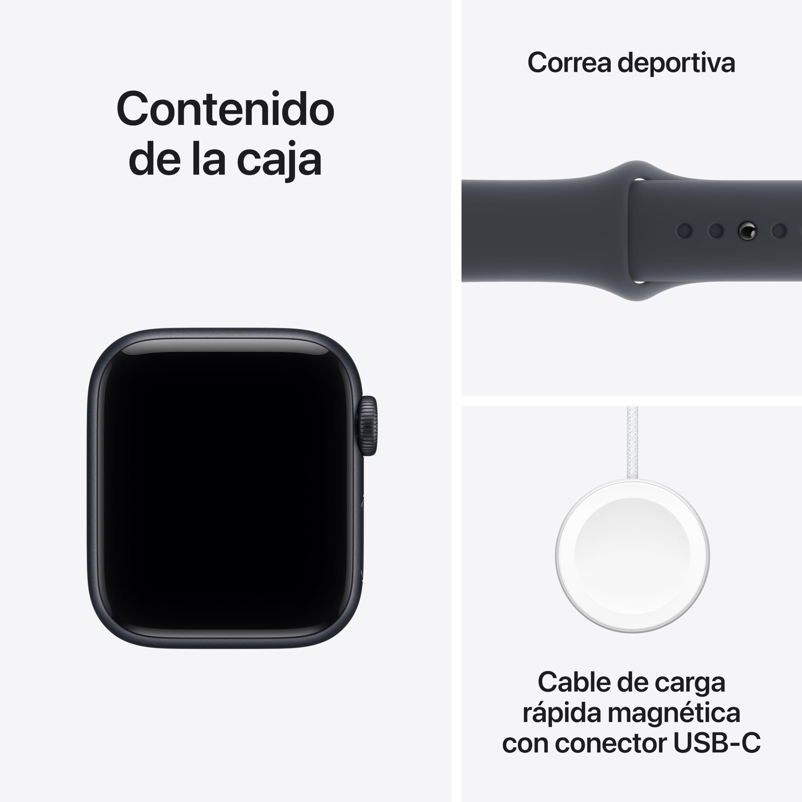 Contenido de la caja del Apple Watch SE 3 GPS 40 mm en color medianoche con correa deportiva y cargador magnético USB-C.