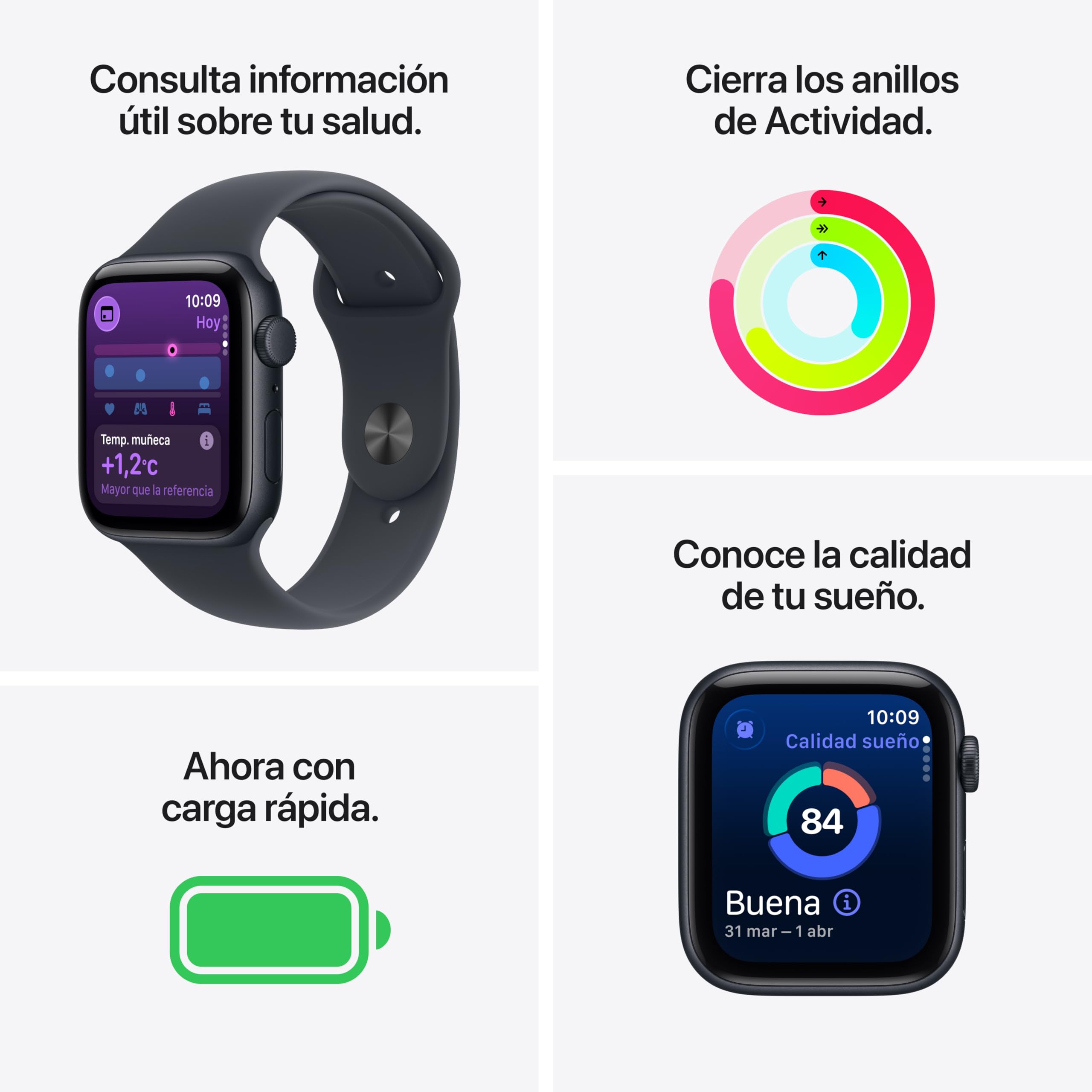 Apple Watch SE 3 GPS 40mm color medianoche mostrando funciones de salud, actividad, carga rápida y sueño.