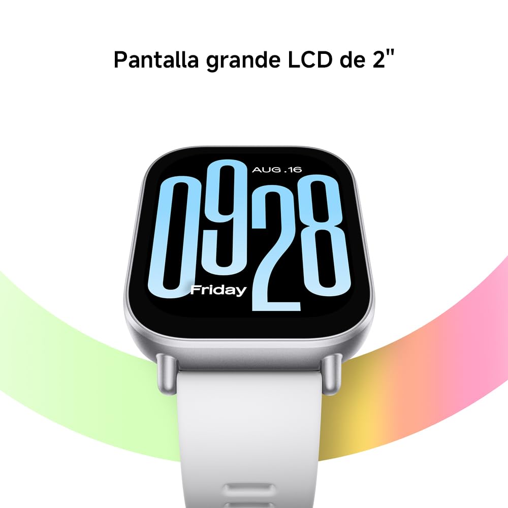 Smartwatch con pantalla LCD de 2 pulgadas, caja gris oscuro, correa blanca y esfera digital azul.