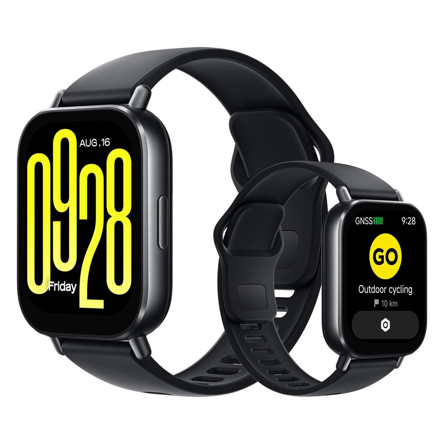 Redmi Watch 5 Active negro mostrando la hora y un modo de ciclismo