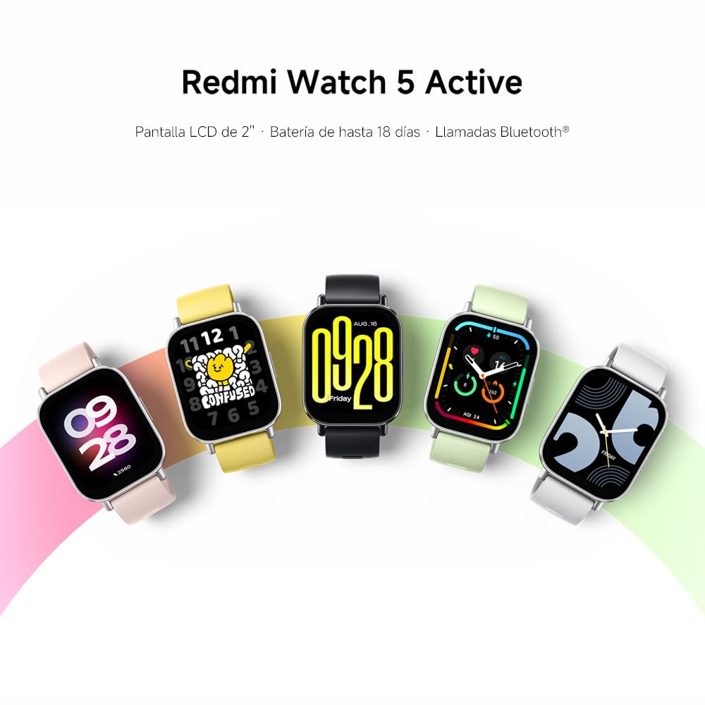 Xiaomi Redmi Watch 5 Active en cinco colores de correa con distintas esferas digitales y pantalla LCD de 2 pulgadas.