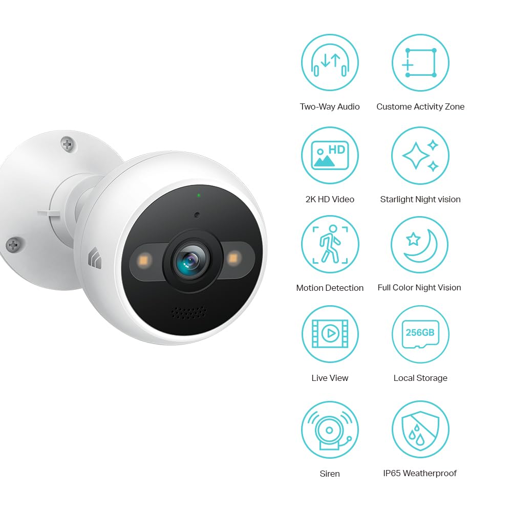 Cámara de seguridad exterior Kasa 2K QHD con audio bidireccional, visión nocturna y resistencia al agua IP65.