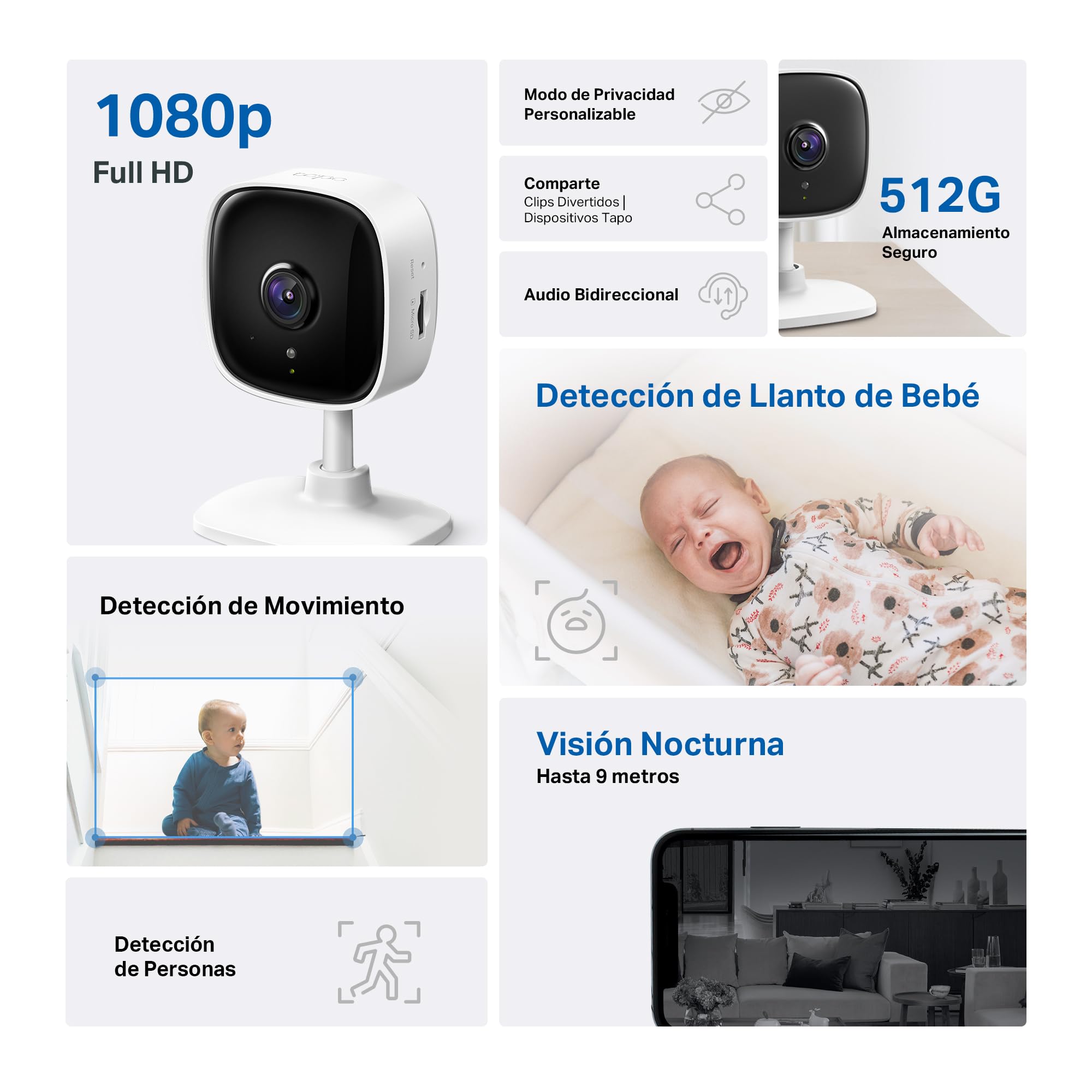 Cámara de vigilancia Wi-Fi Tapo 1080p con visión nocturna, detección de movimiento, llanto de bebé y personas