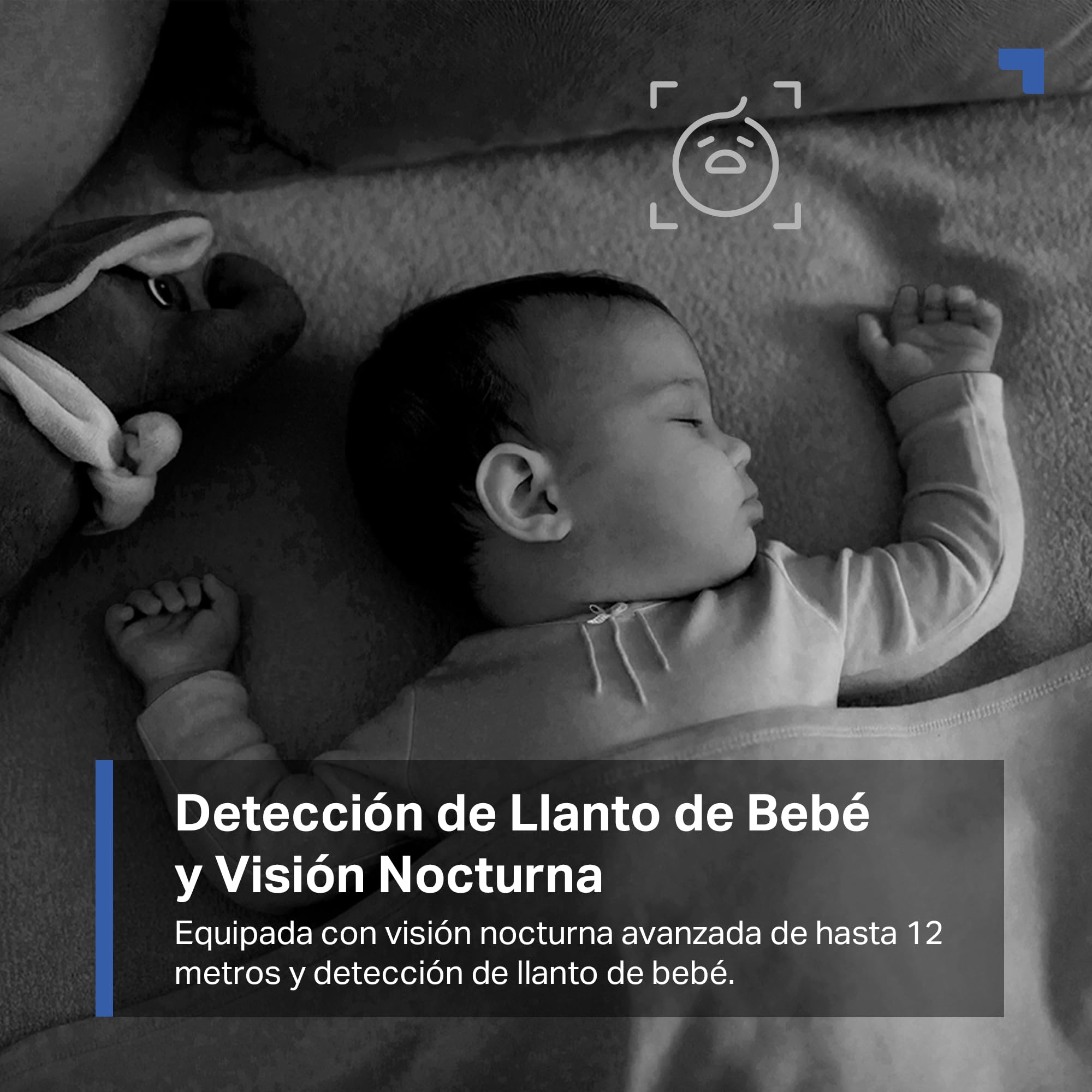 Cámara Tapo con visión nocturna y detección de llanto de bebé dormido en blanco y negro