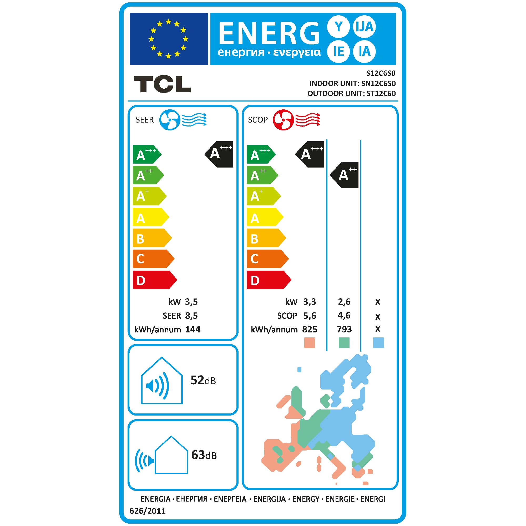 Etiqueta energética UE del aire acondicionado TCL S12C6S0 con clasificación A++ en SEER y SCOP