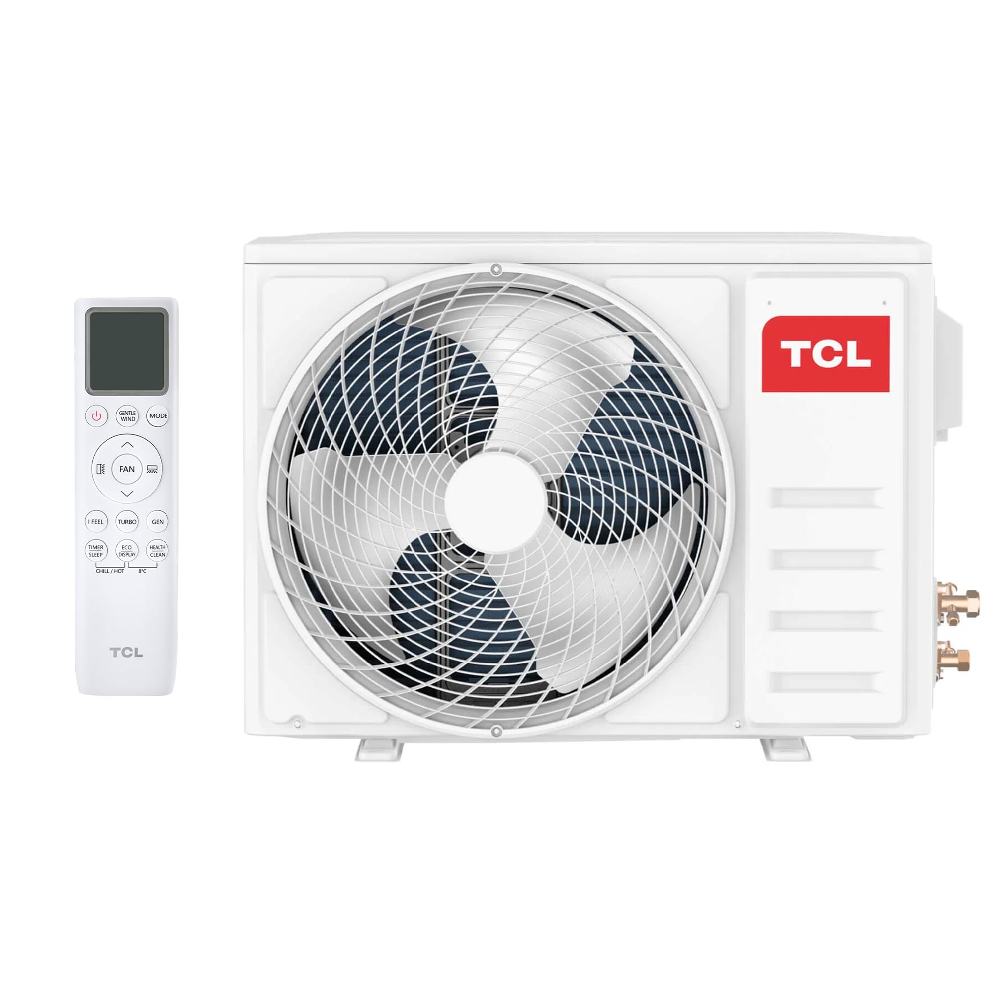 Unidad exterior de aire acondicionado TCL Split con mando a distancia sobre fondo blanco