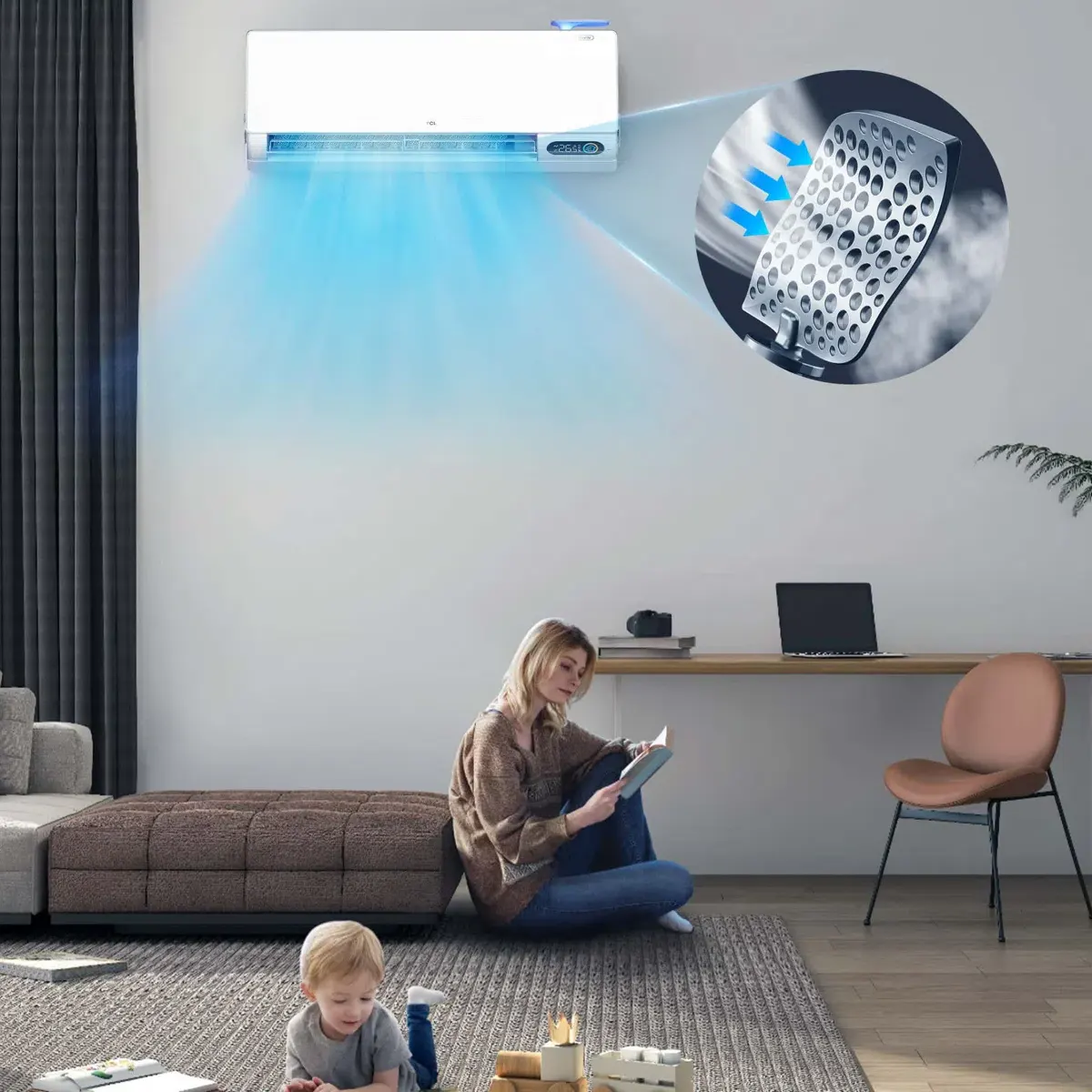 TCL FreshIN instalado en un salón con detalle de la salida Gentle Breeze