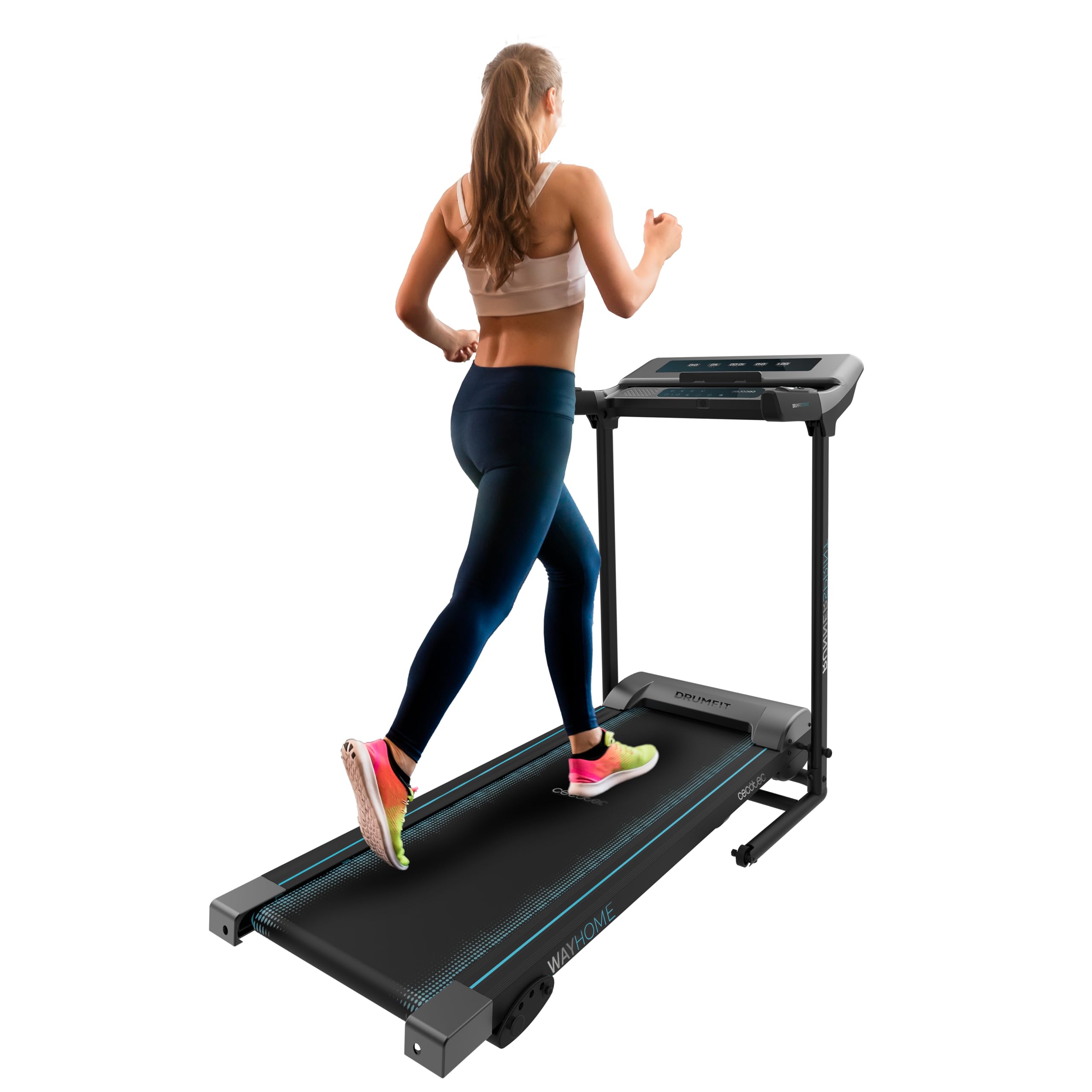 Mujer corriendo sobre cinta de correr plegable Cecotec DrumFit WayHome 1400 Sprint con panel LCD