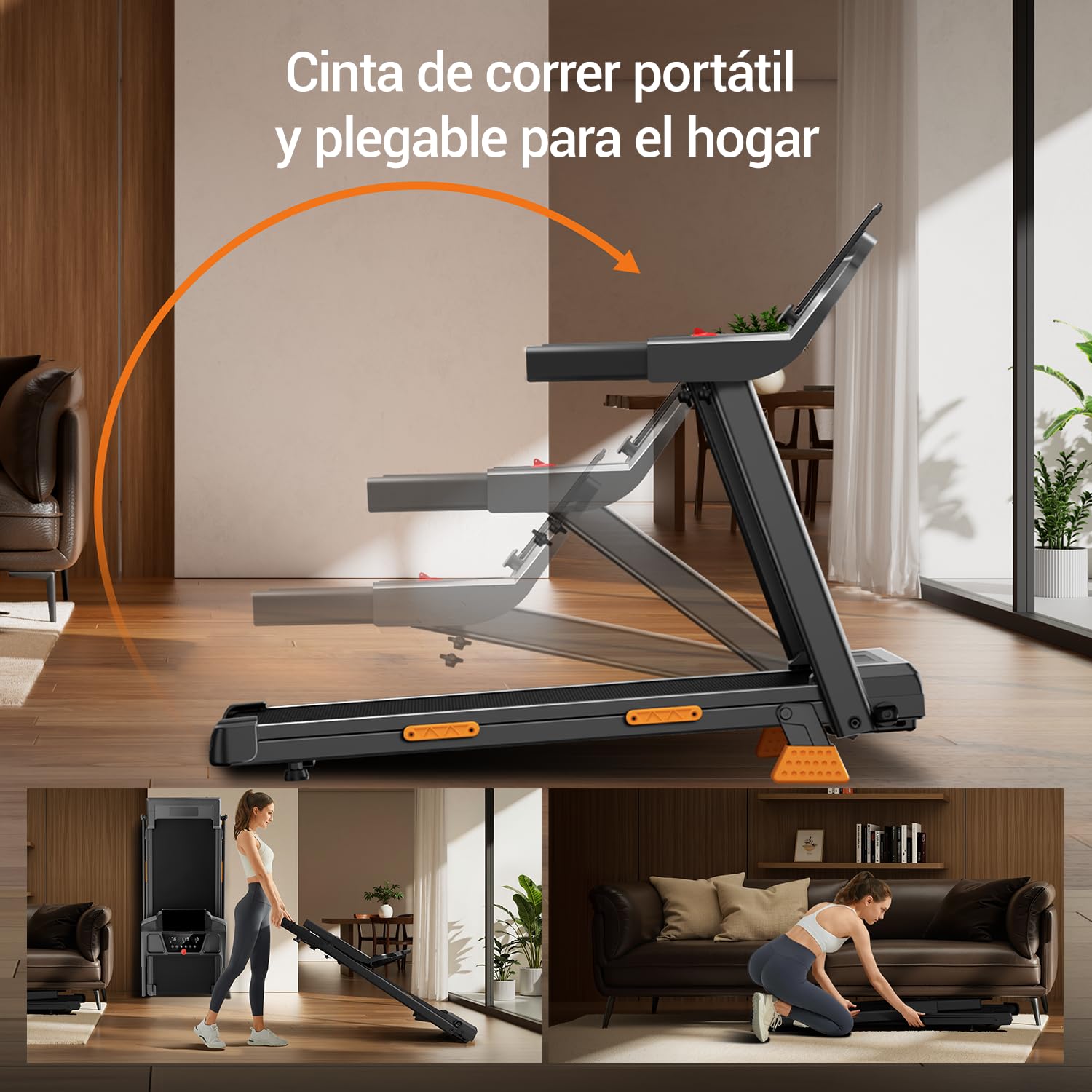 Cinta de correr plegable CURSOR 15% con inclinación en salón moderno, mostrando mecanismo de plegado y almacenamiento compacto