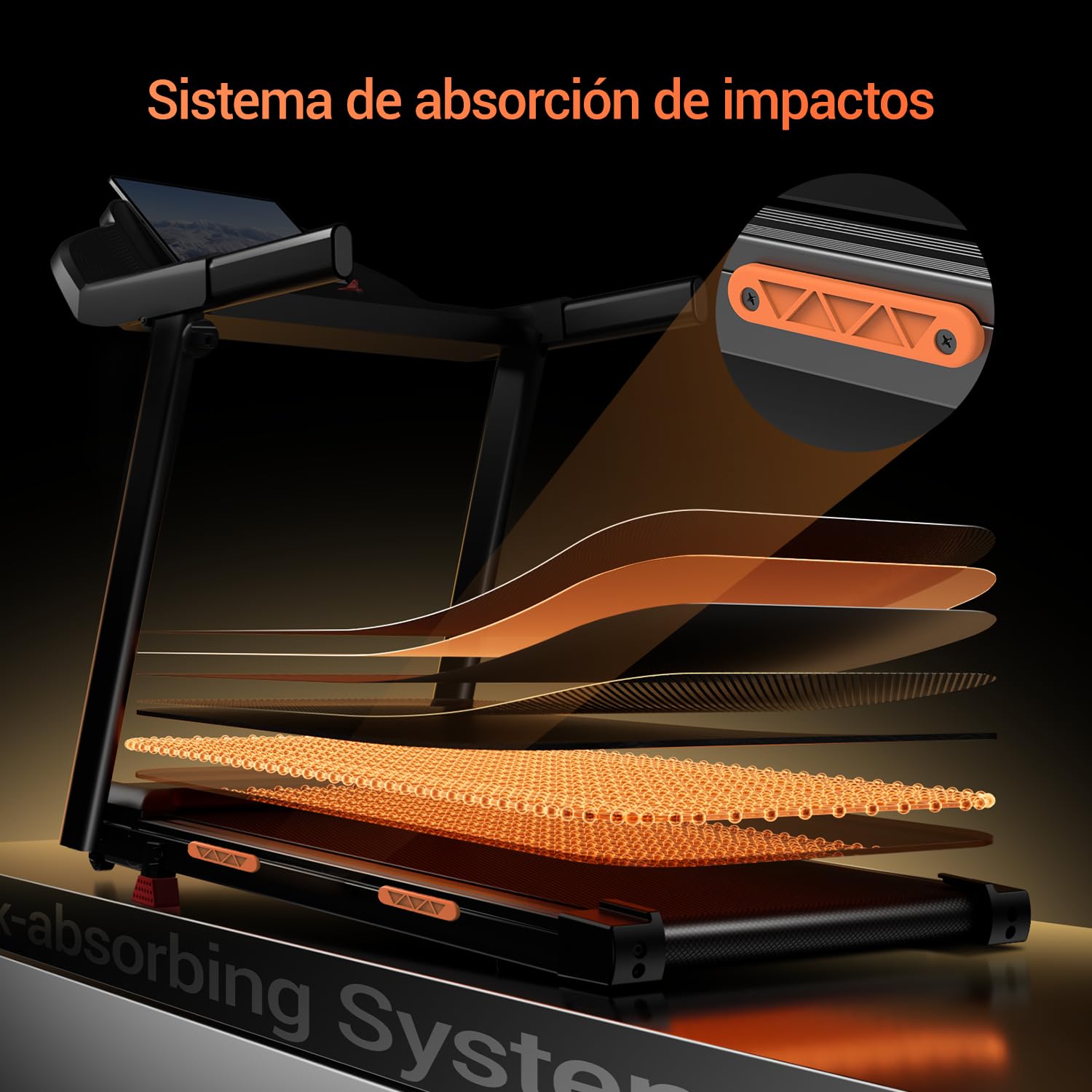 Cinta de correr CURSOR con sistema de absorción de impactos de 7 capas y amortiguadores de vista explosionada