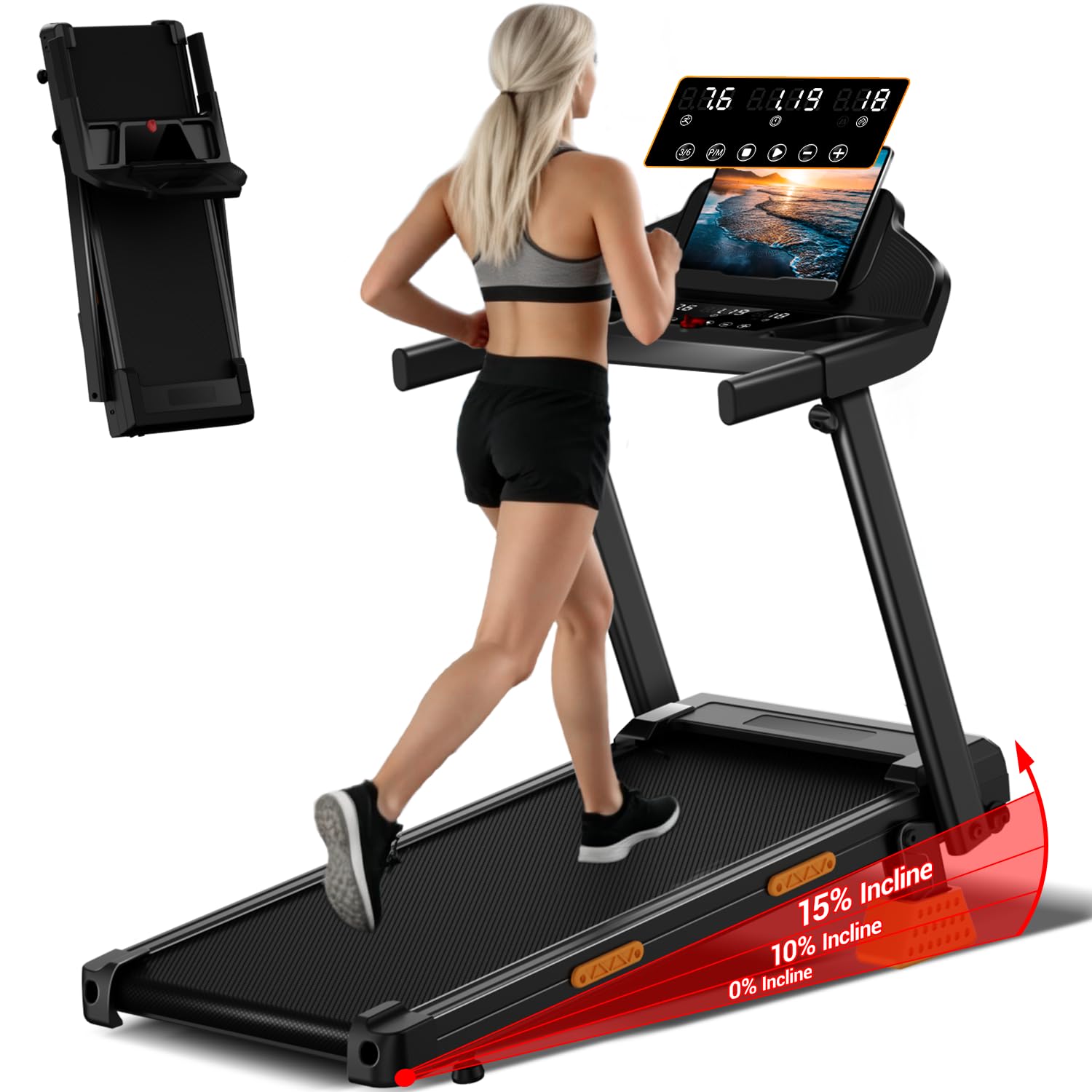 Cinta de correr plegable negra con pantalla LED táctil, inclinación del 15% y mujer caminando sobre ella
