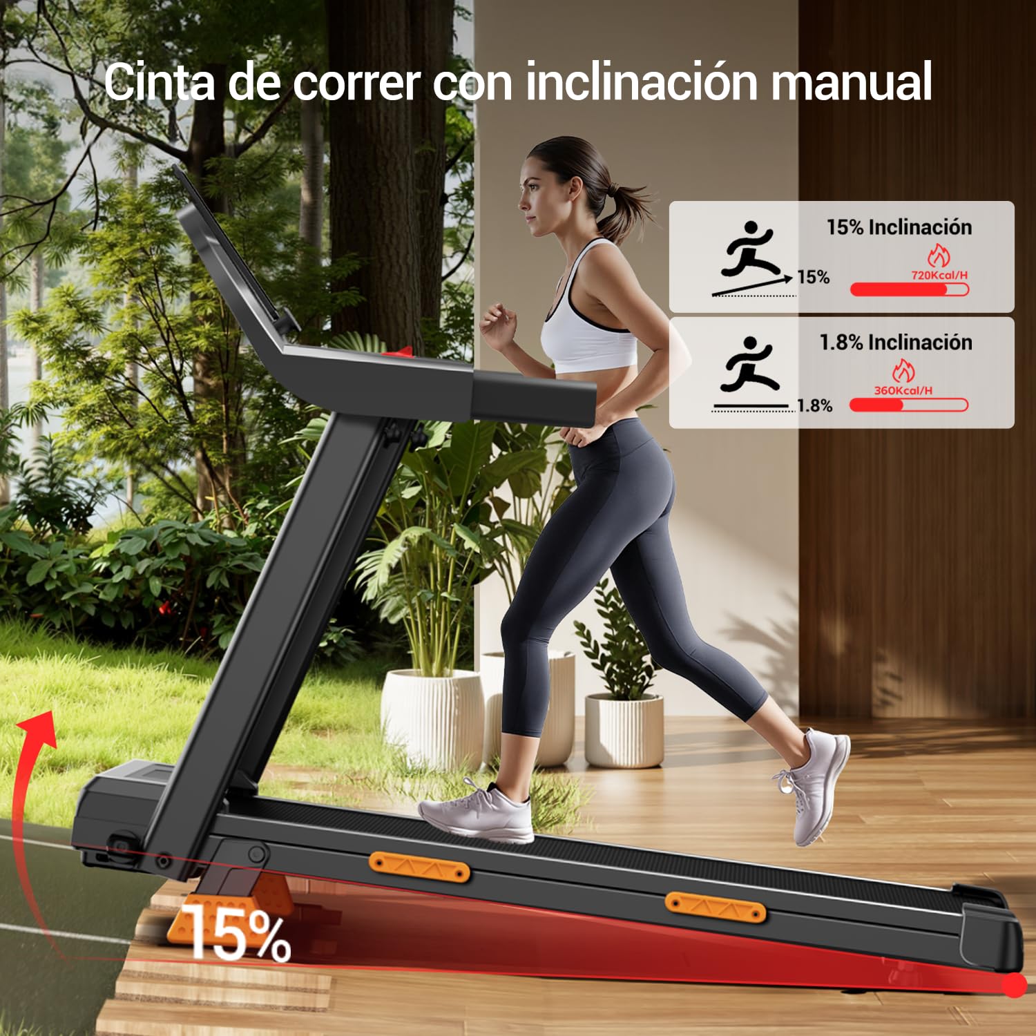 Cinta de correr plegable con inclinación manual del 15%, mujer corriendo y gráfico de calorías quemadas en entorno moderno