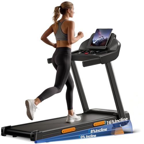 Mujer corriendo en cinta de correr con soporte para tablet e inclinación ajustable de 0 a 16%