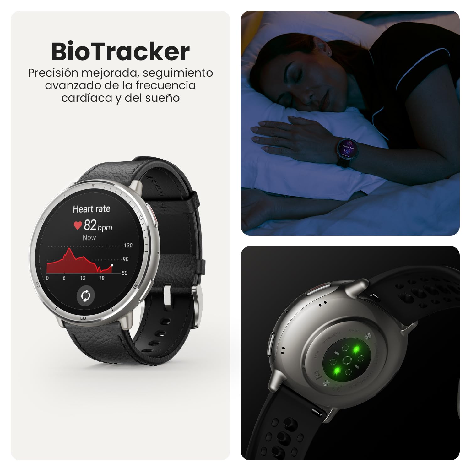 Amazfit Active 2 smartwatch mostrando monitorización BioTracker de ritmo cardíaco y sueño con sensor LED verde