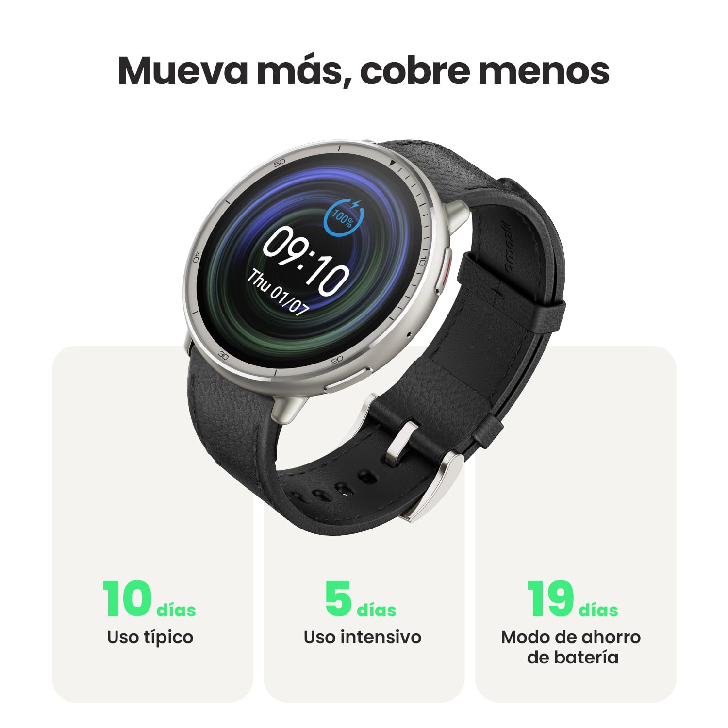 Amazfit Active 2 smartwatch premium con correa de piel negra y pantalla AMOLED mostrando autonomía de batería de 10 días
