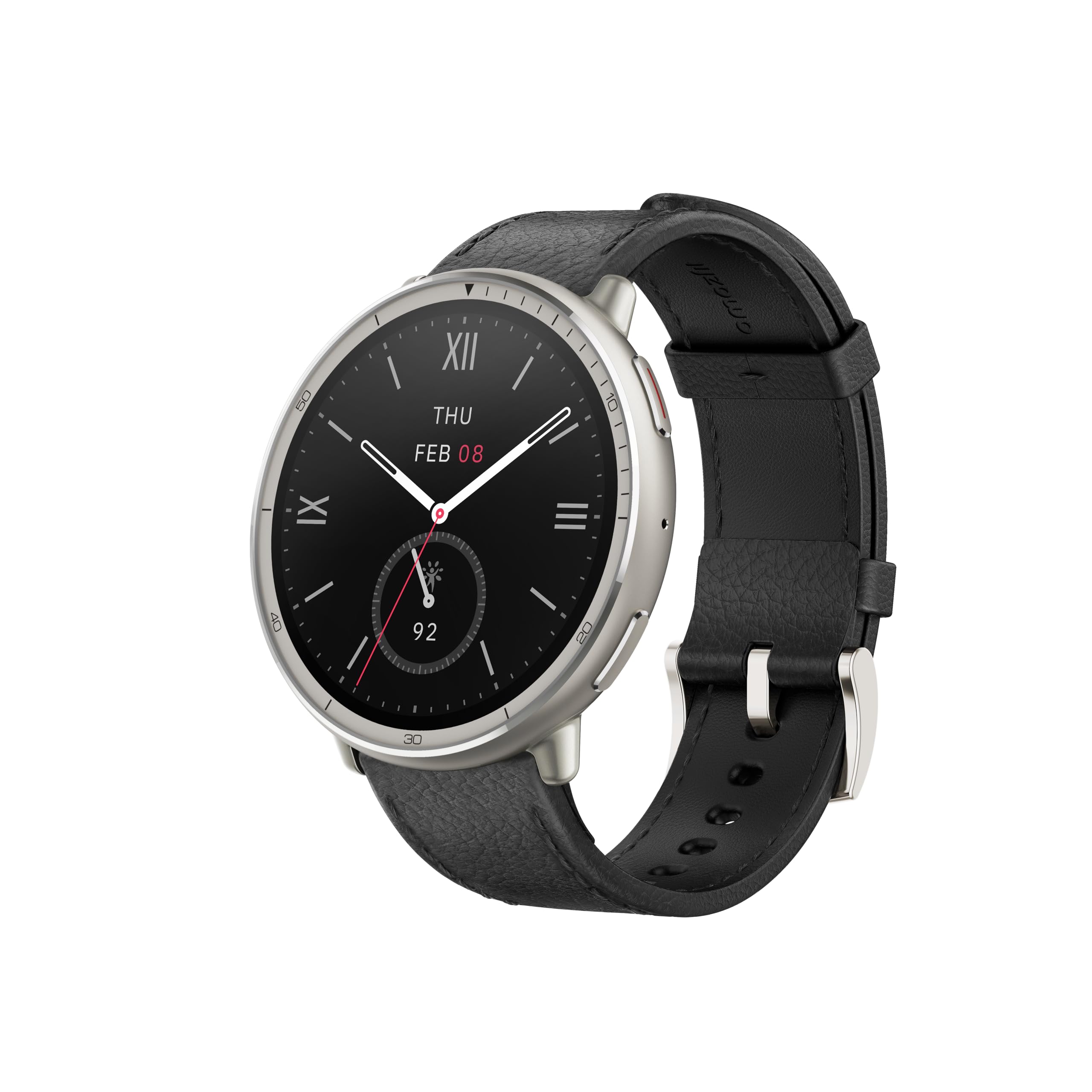 Amazfit Active 2 Premium con cristal de zafiro, caja plateada y correa de piel negra